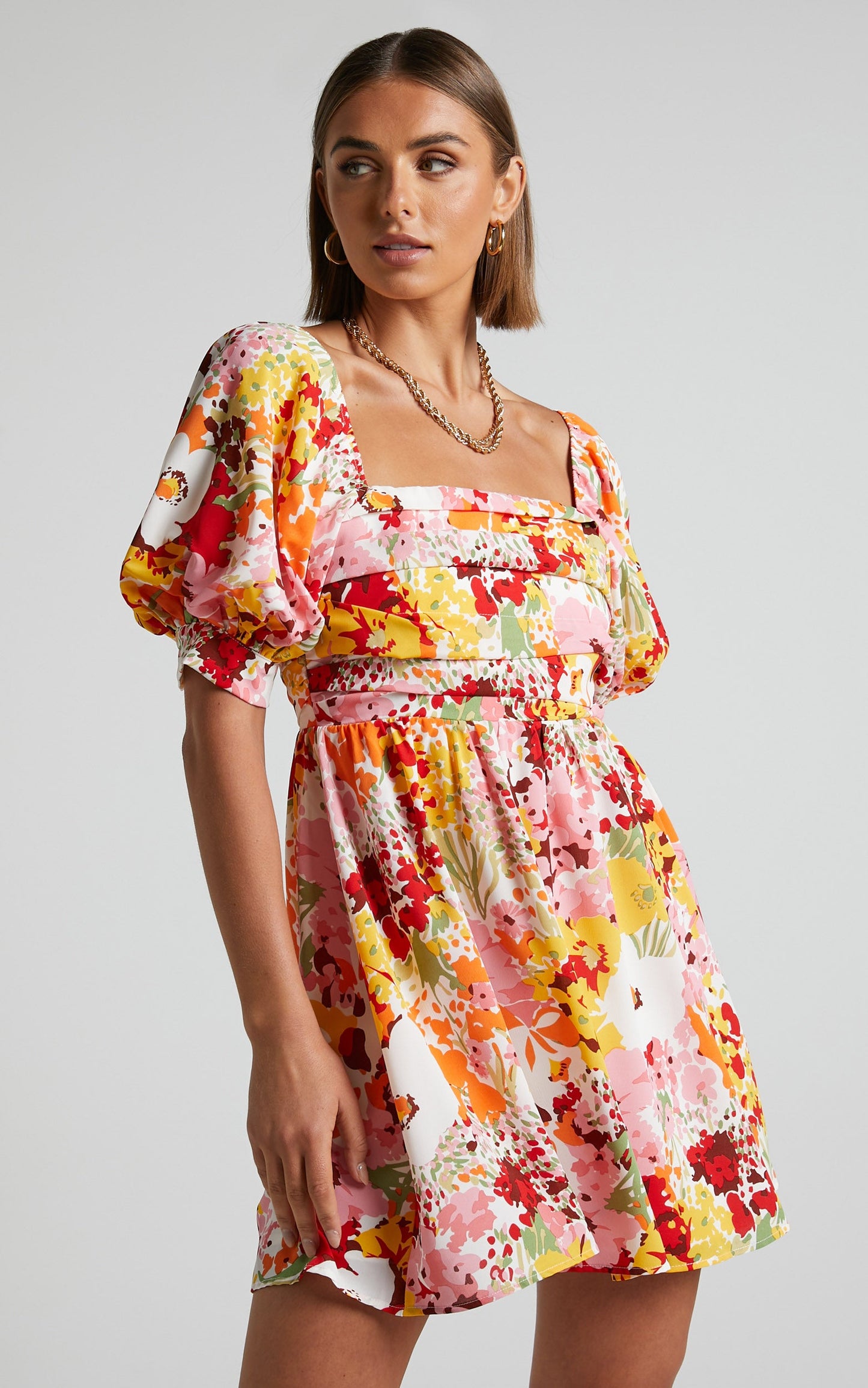 Neave Mini Dress - Puff Sleeve Pleated Bust Dress in Multi Floral