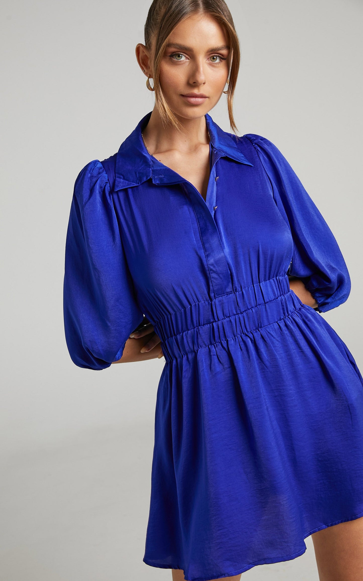 Raicy Mini Dress - Collared Shirred Waist Dress in Blue