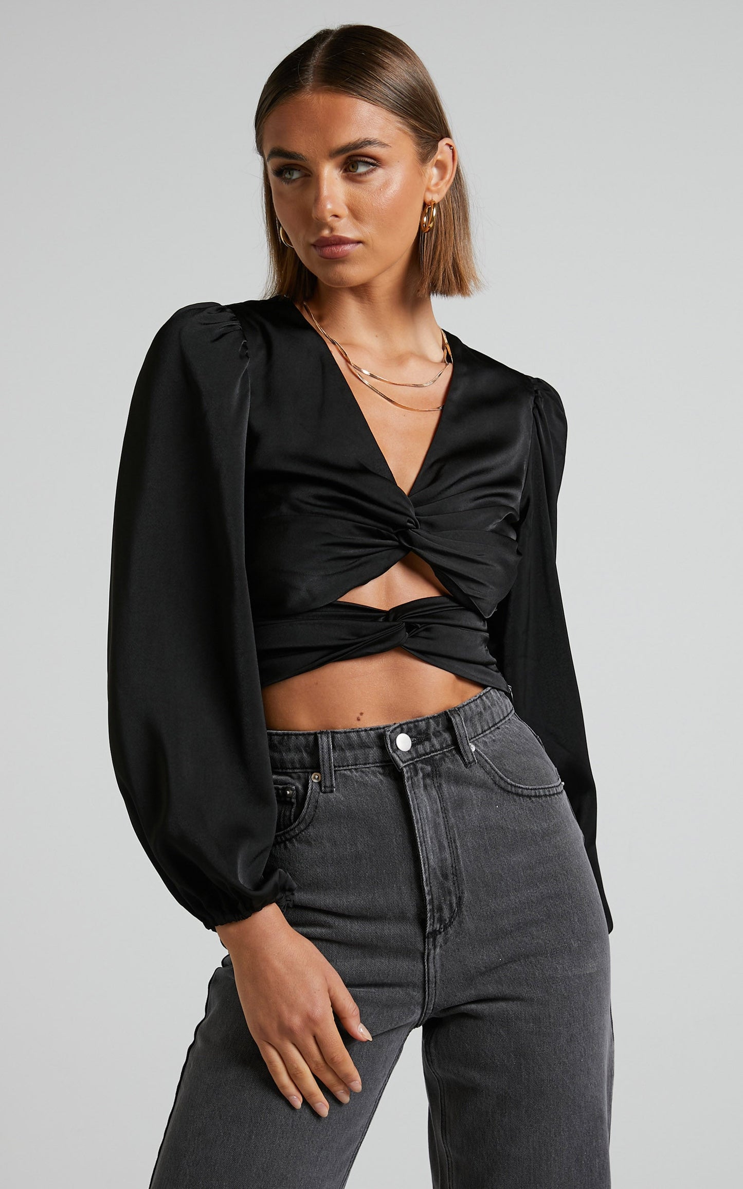 Ransley Top - Cut Out Twist Front Long Sleeve Blouse in Black