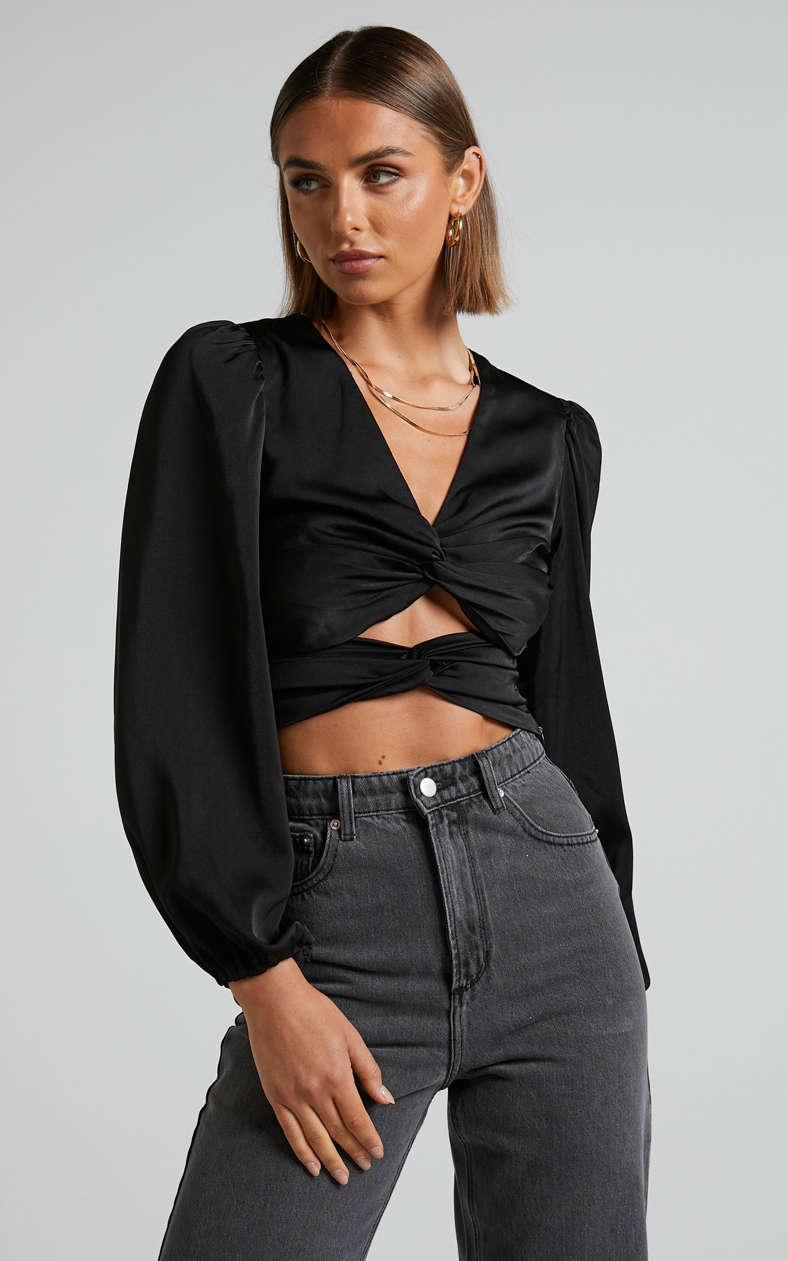 Ransley Top - Cut Out Twist Front Long Sleeve Blouse in Black