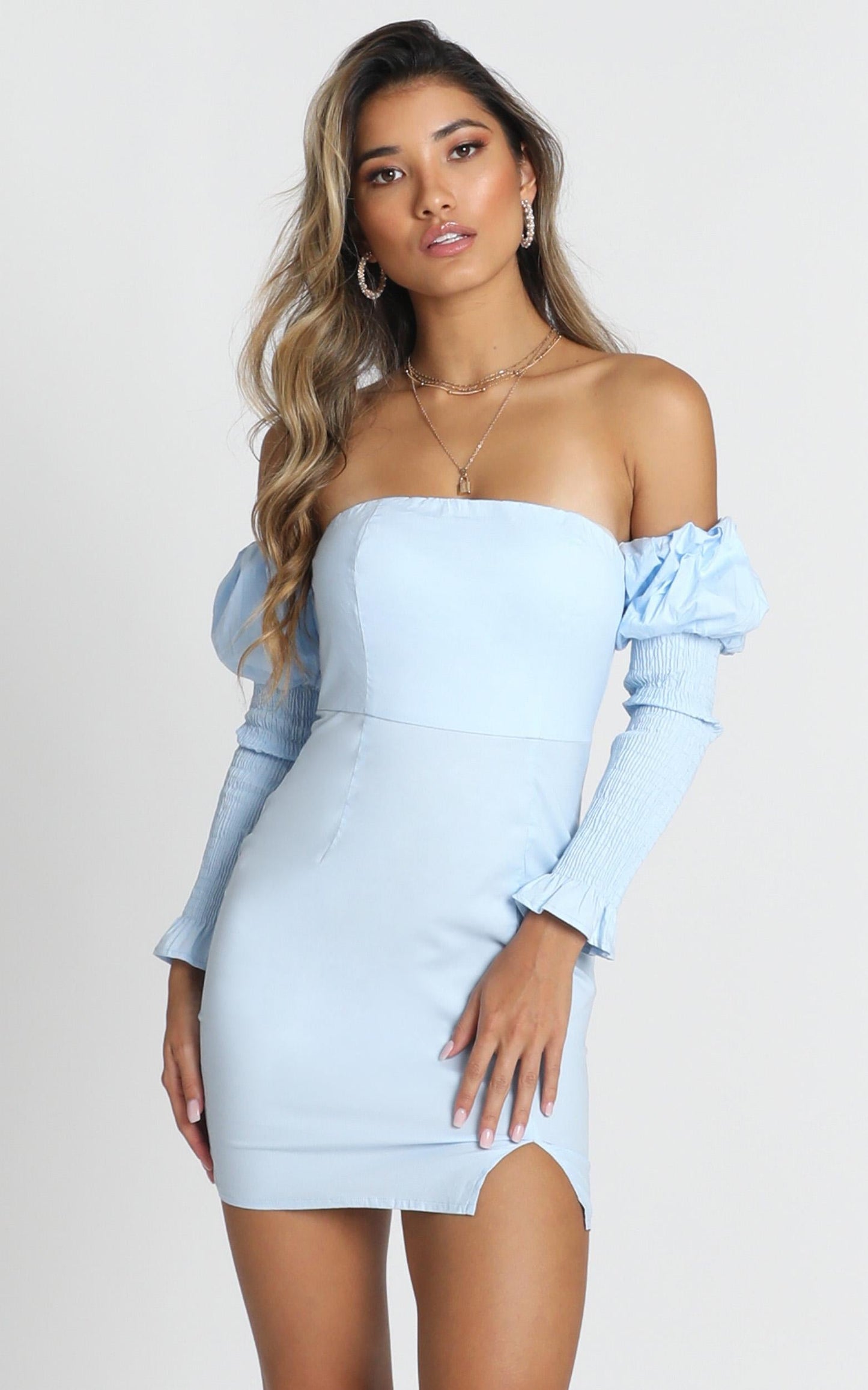 Angie Shirred Sleeve Mini Dress In Blue
