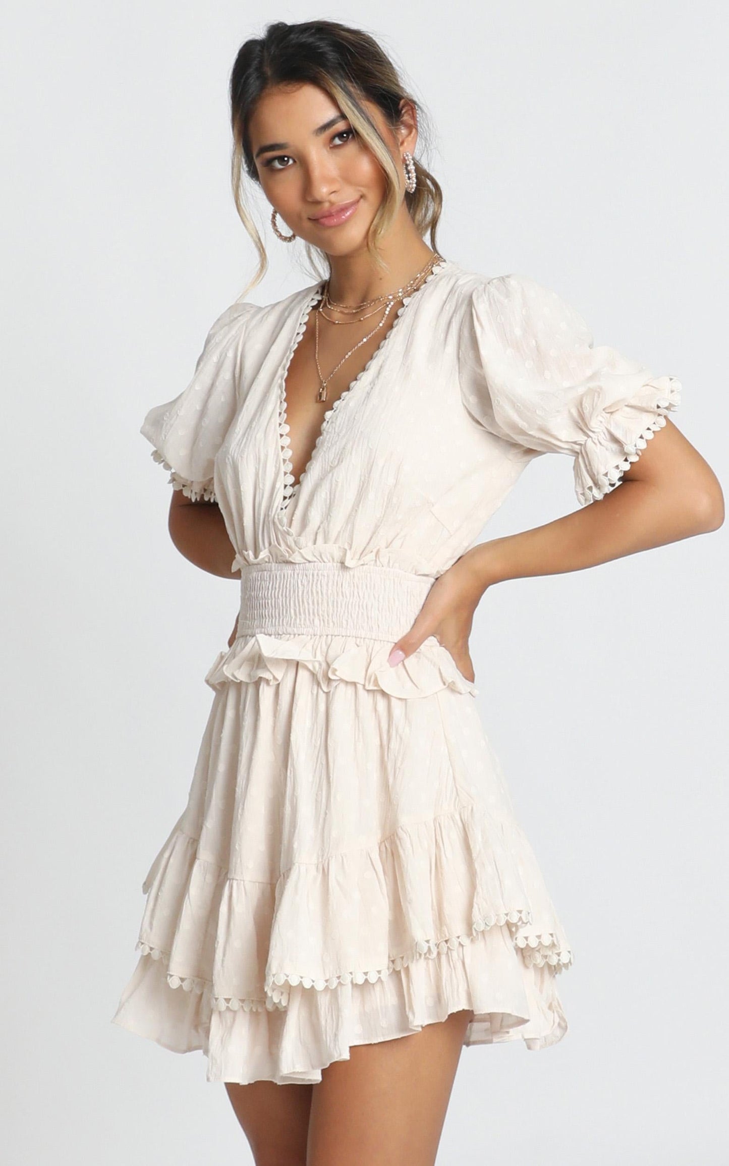 Dotty Frill Mini Dress In Beige