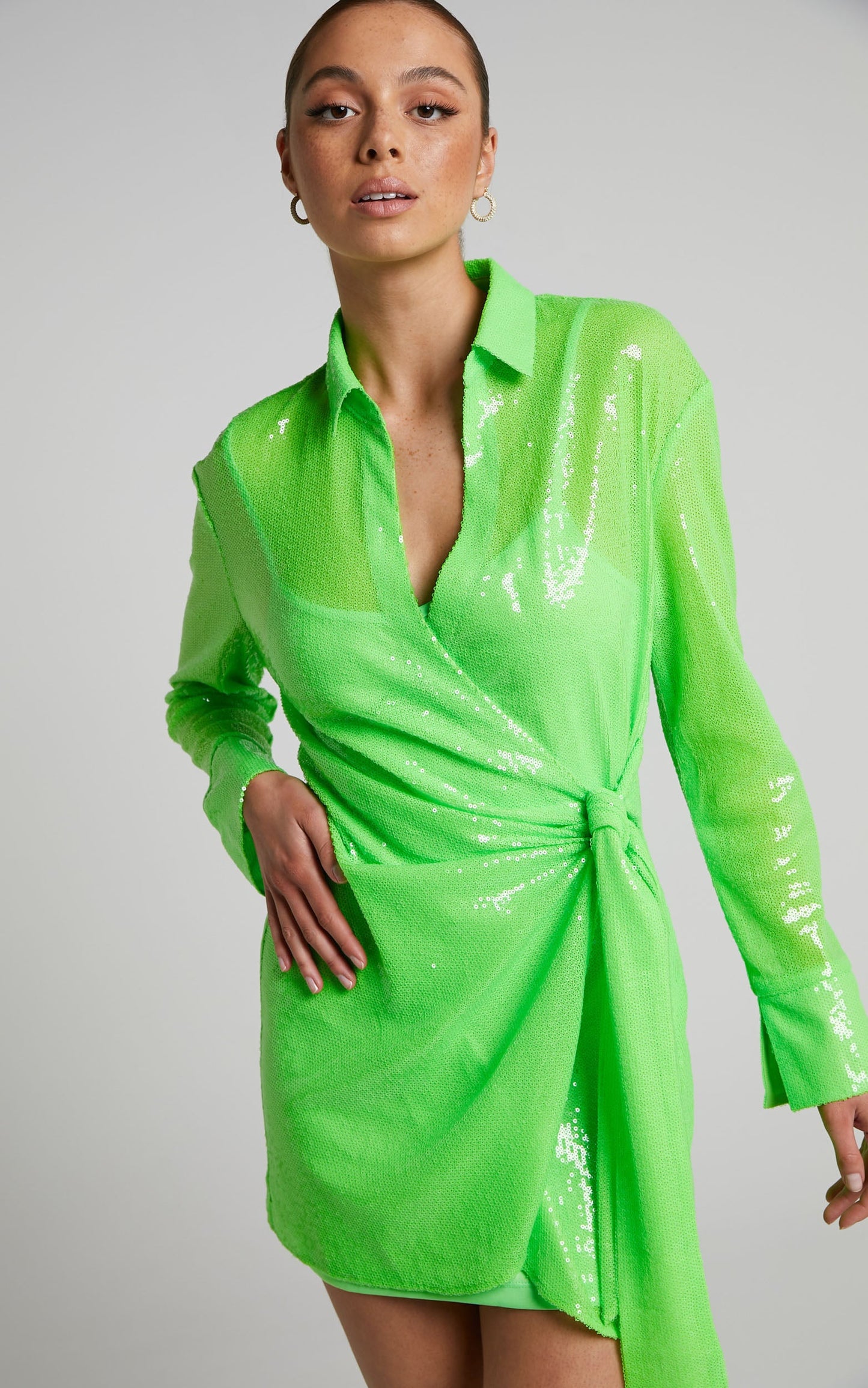4th & Reckless - Idella Shirt Dress in Lime Sequin