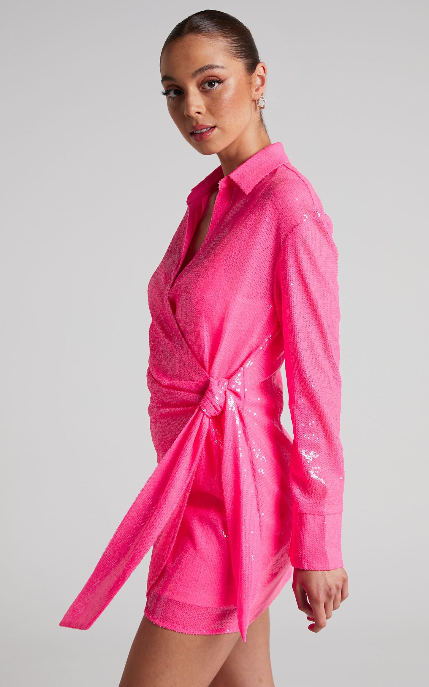 4th & Reckless - Idella Shirt Dress in Neon Pink Sequin