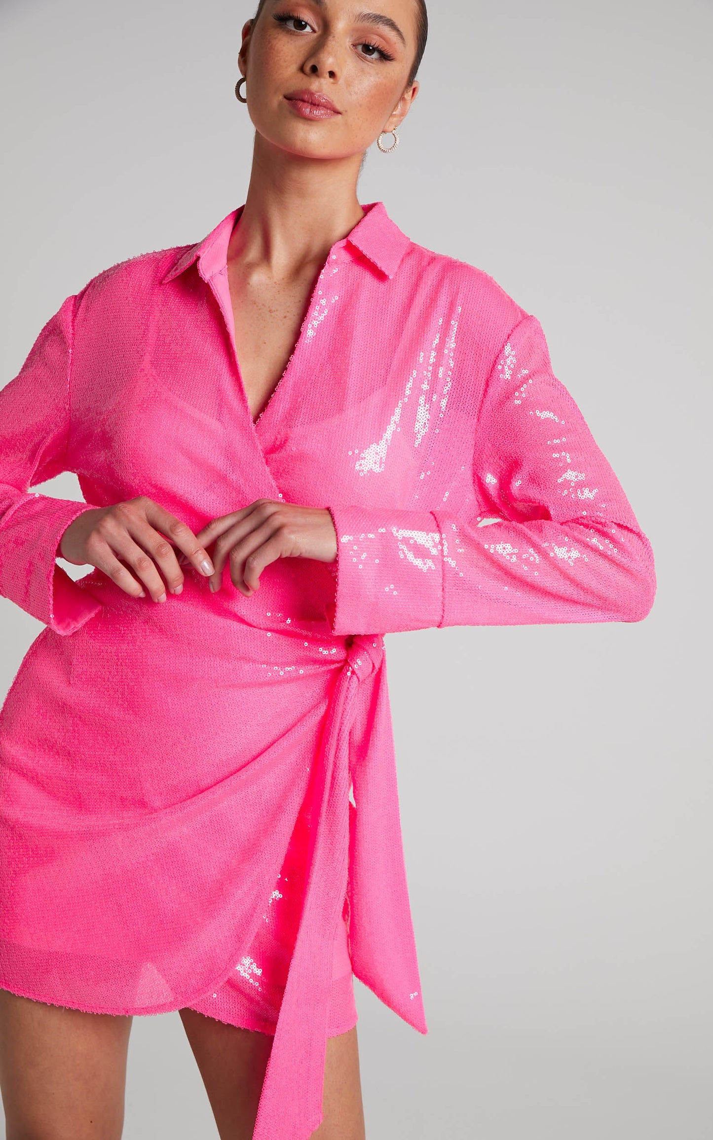 4th & Reckless - Idella Shirt Dress in Neon Pink Sequin