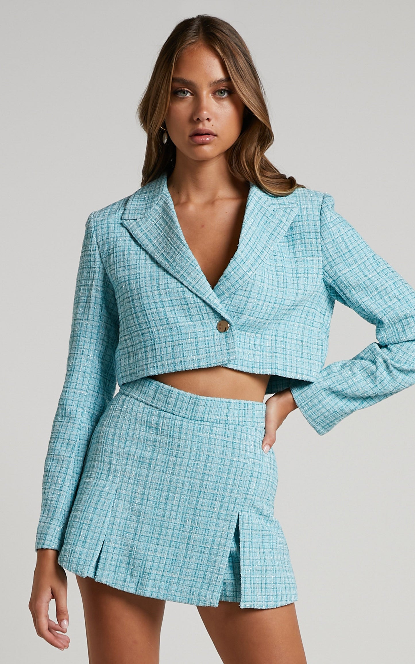 Sheba Two Piece Set - Tweed Cropped Blazer and Mini Skort in Blue