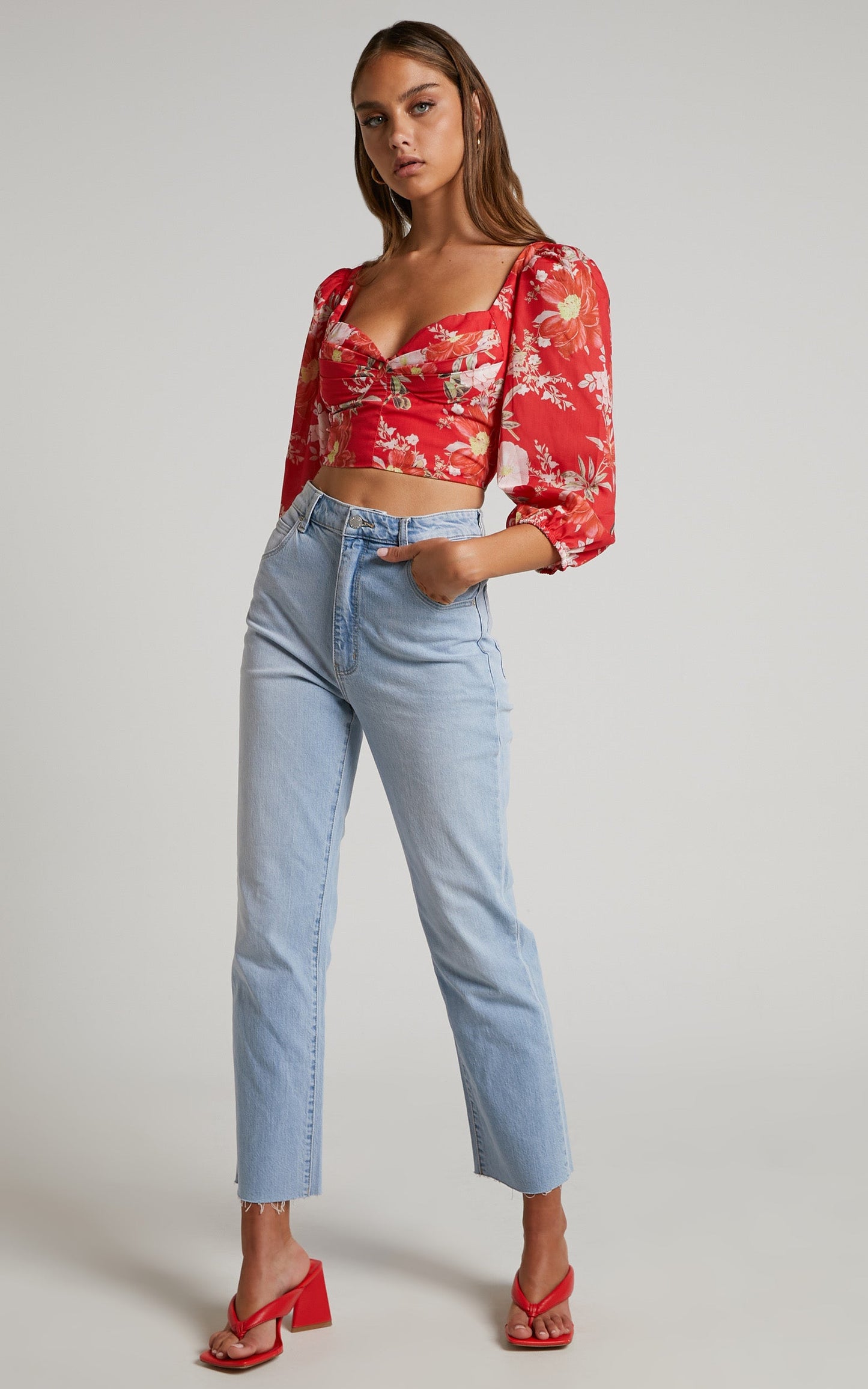 Viveca Top - Pleated Bust Balloon Sleeve Cropped Top in Rosie Floral