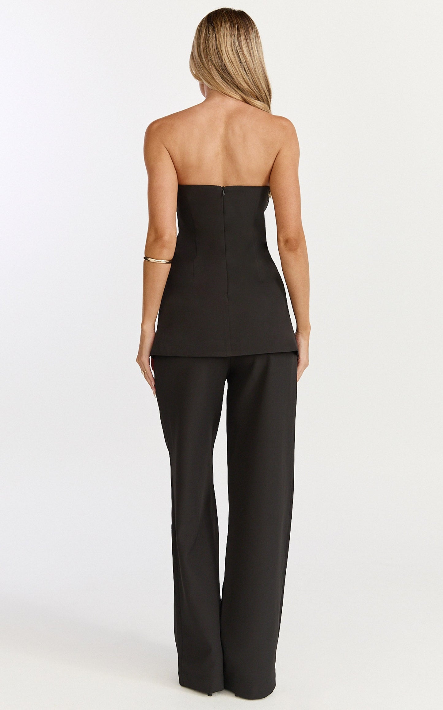 Amelia Two Piece Top and Pant Set - Strapless Button Down Top And Tailored Wide Leg Pants Set in Black