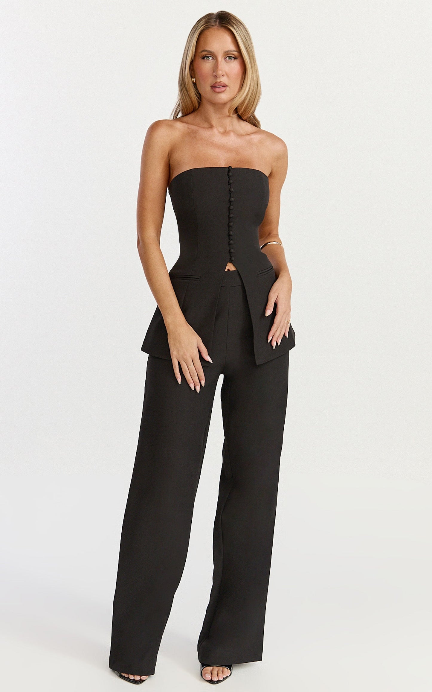 Amelia Two Piece Top and Pant Set - Strapless Button Down Top And Tailored Wide Leg Pants Set in Black