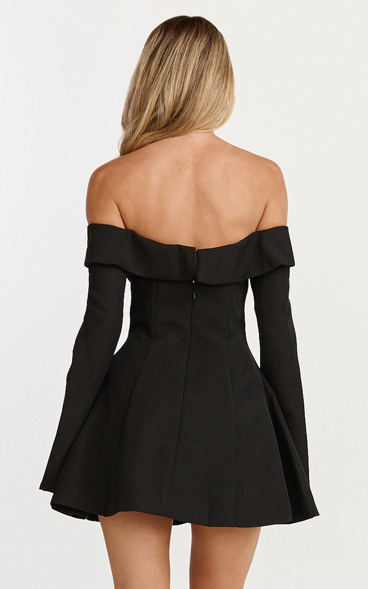 Collette Mini Dress - Off Shoulder Long Sleeve Godet Flare Dress in Black