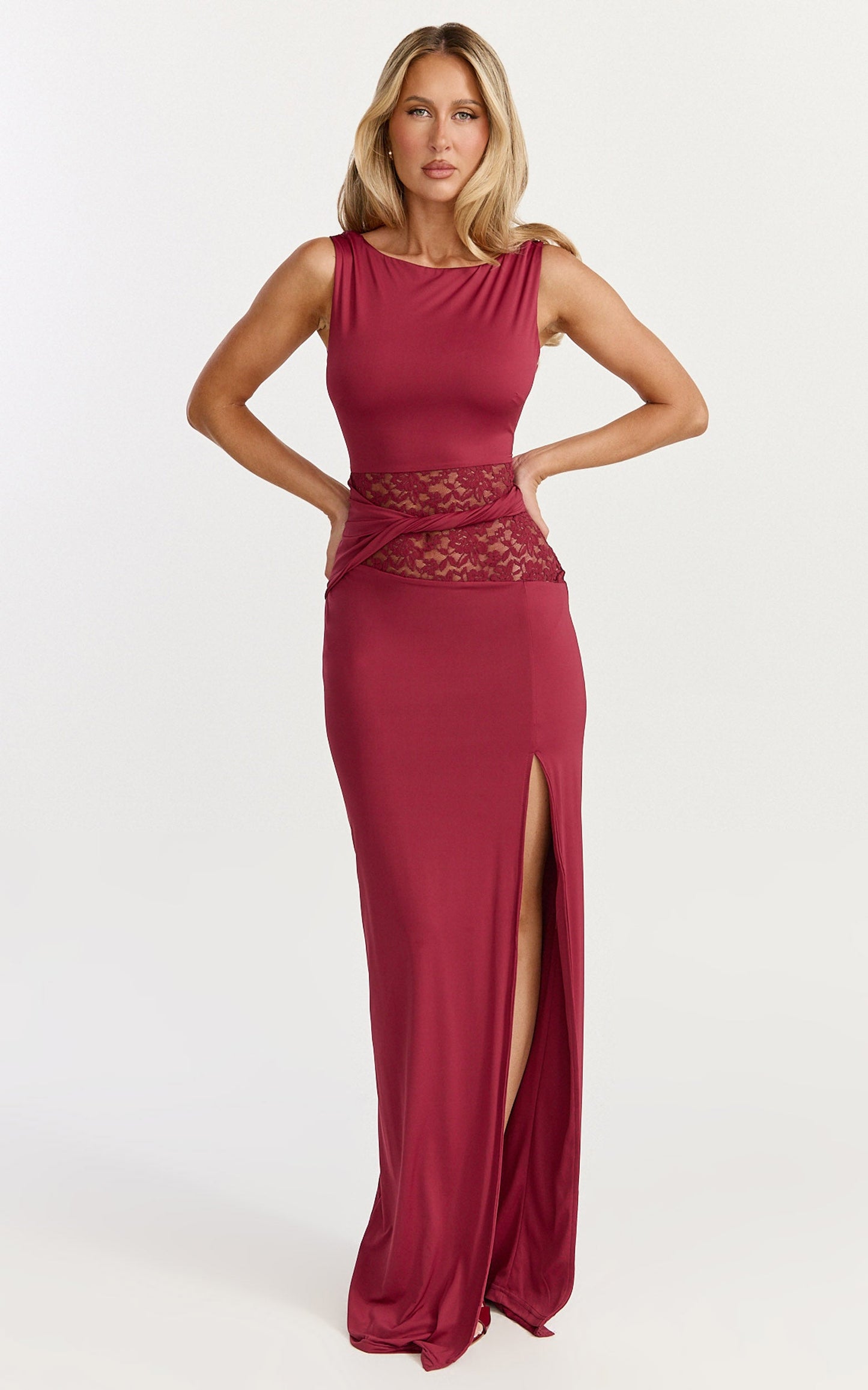 Alberta Maxi Dress - Spliced Sheer Lace Column Dress in Wine