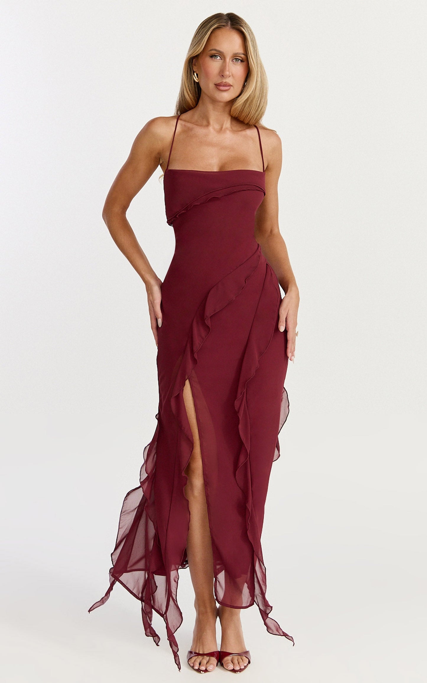 Connie Midi Dress - Ruffle Detail Dress in Wine