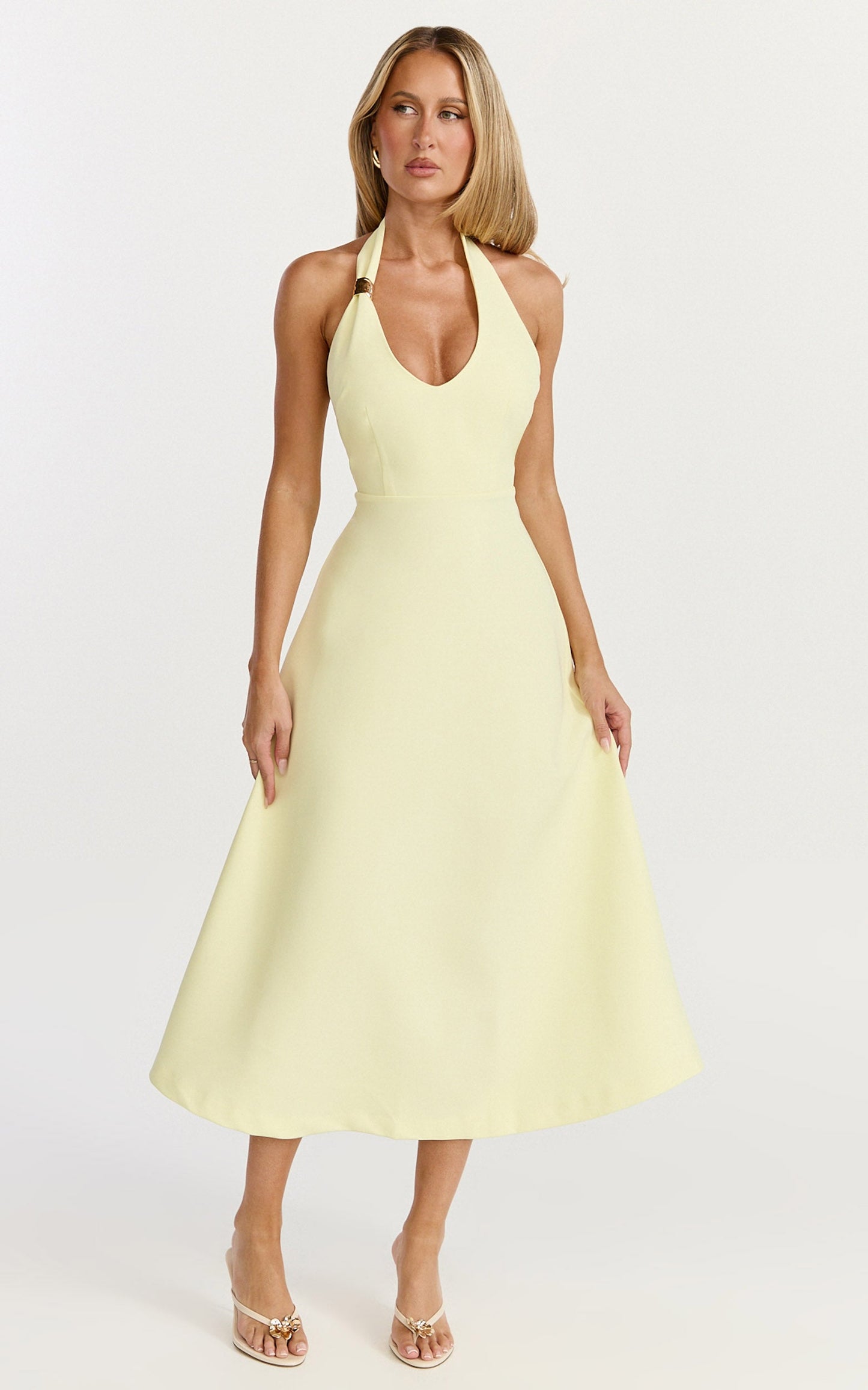 Leilani Midi Dress - Plunge Neck Hardware Fit and Flare Dress in Lemon