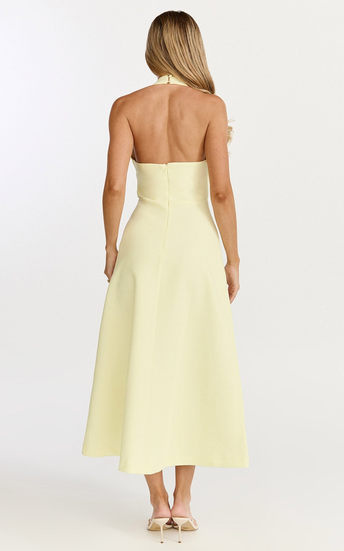 Leilani Midi Dress - Plunge Neck Hardware Fit and Flare Dress in Lemon
