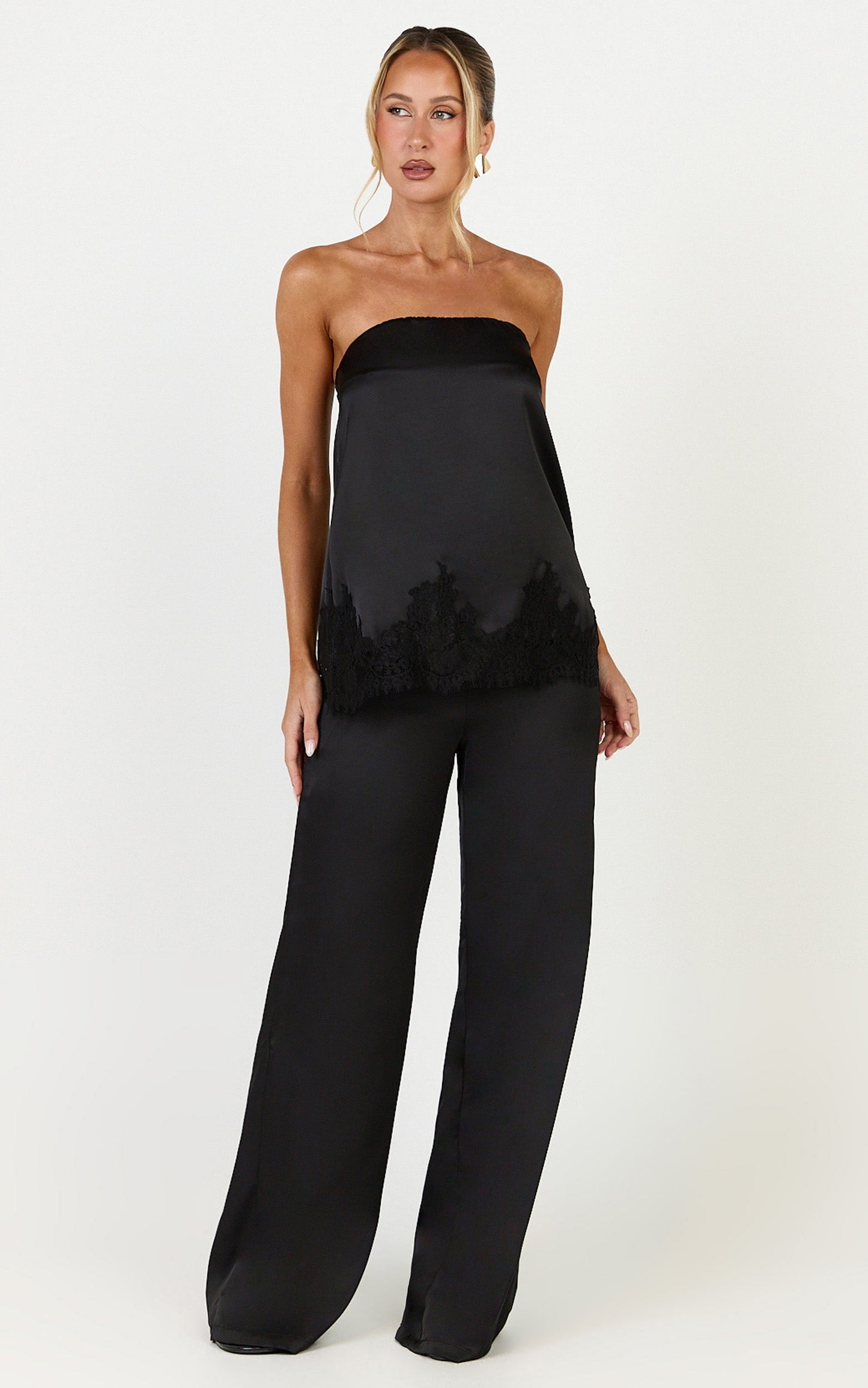 Chantelle Top and Pants Set - Satin Strapless Top With Lace Hem Pants Set in Black