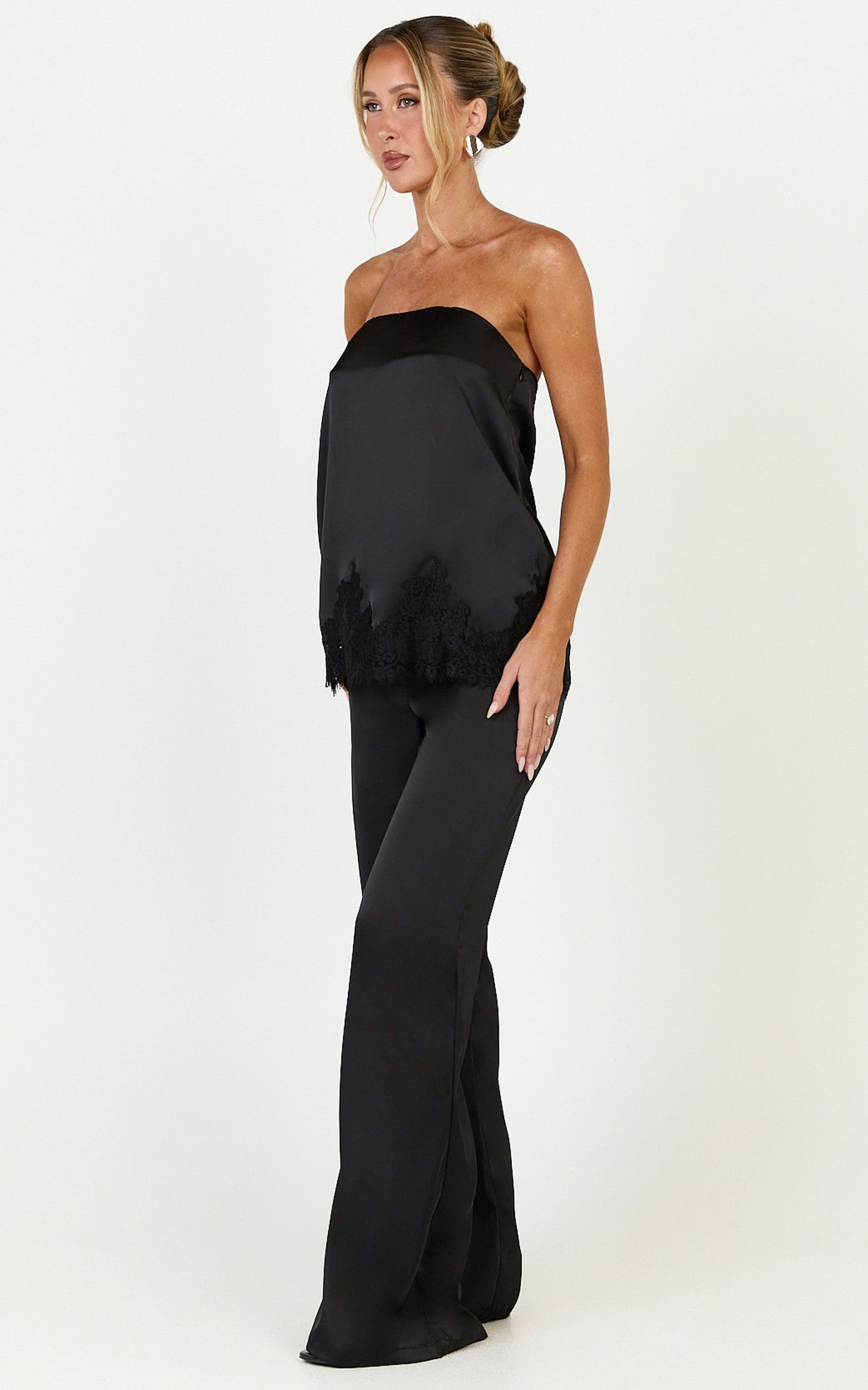 Chantelle Top and Pants Set - Satin Strapless Top With Lace Hem Pants Set in Black