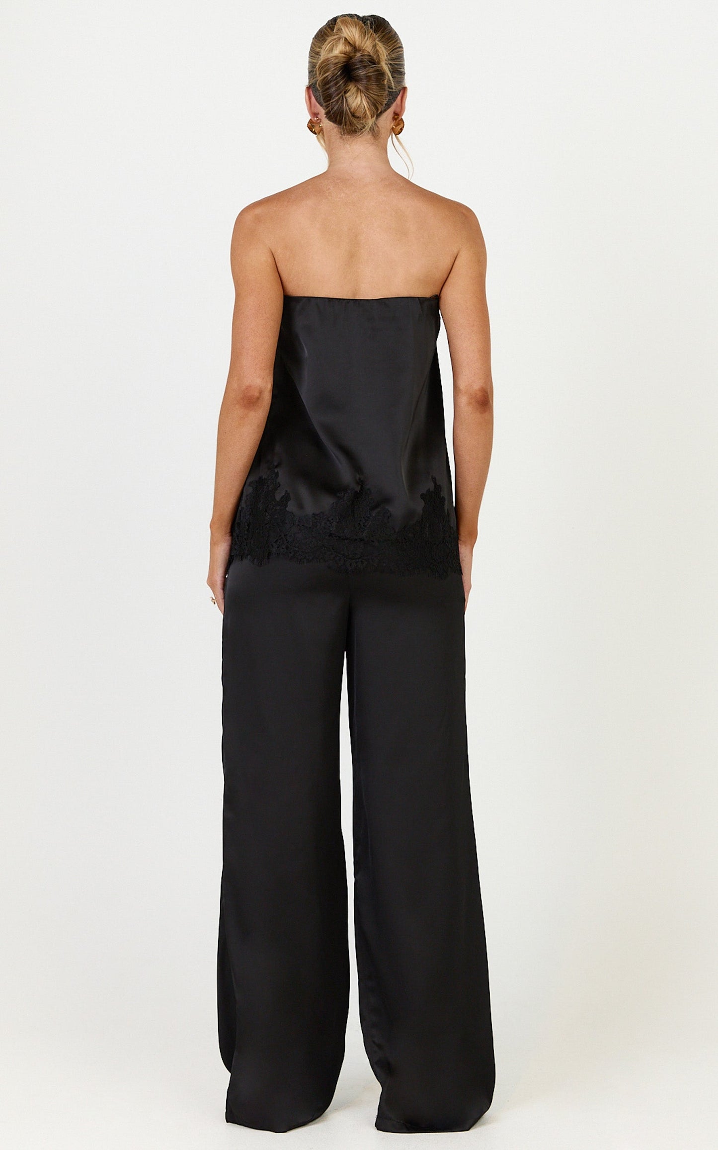 Chantelle Top and Pants Set - Satin Strapless Top With Lace Hem Pants Set in Black