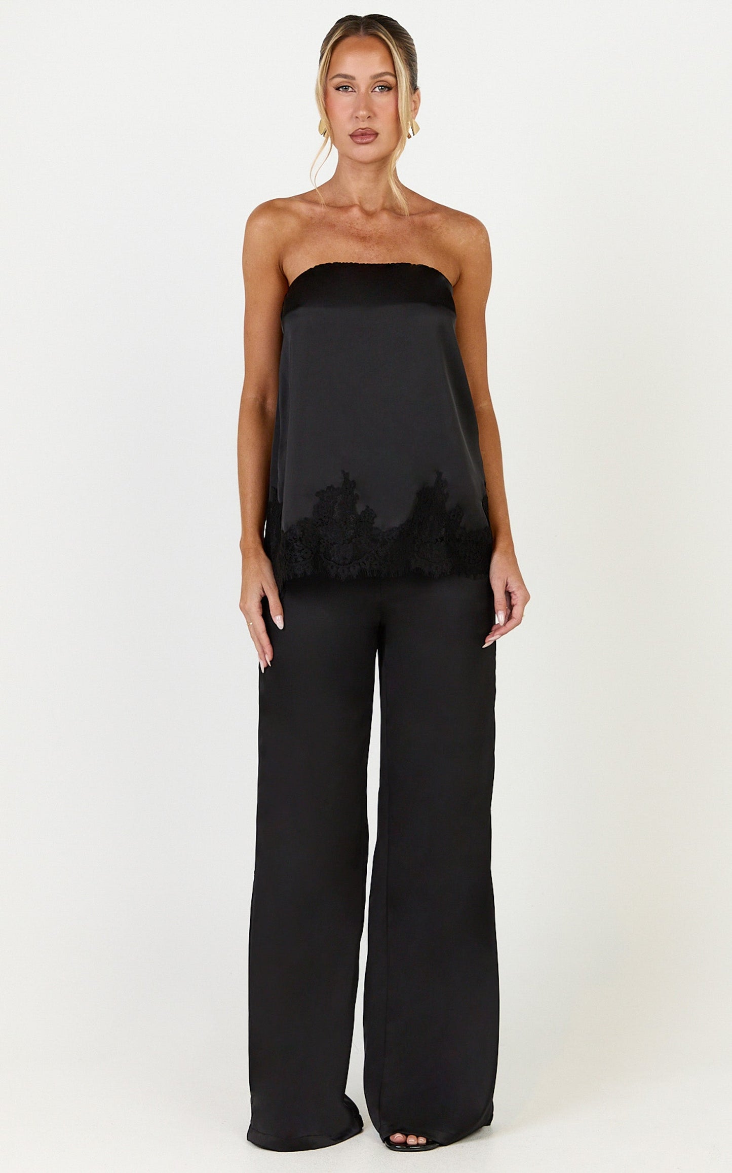Chantelle Top and Pants Set - Satin Strapless Top With Lace Hem Pants Set in Black