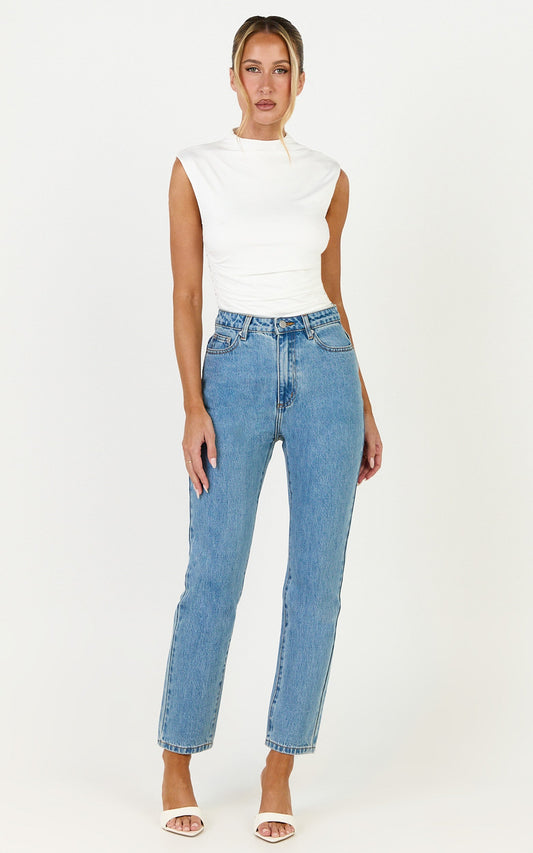 Billie Jeans - High Waisted Recycled Cotton Mom Denim Jeans in Light Mid Blue