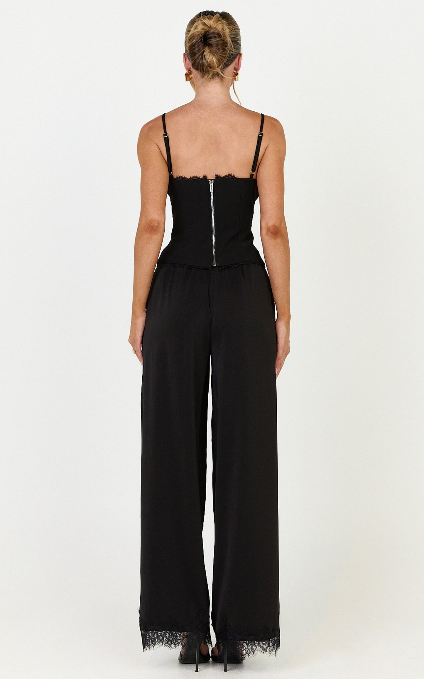 Ava Pants - Mid Waist Relaxed Leg Lace Hem Pants in Black