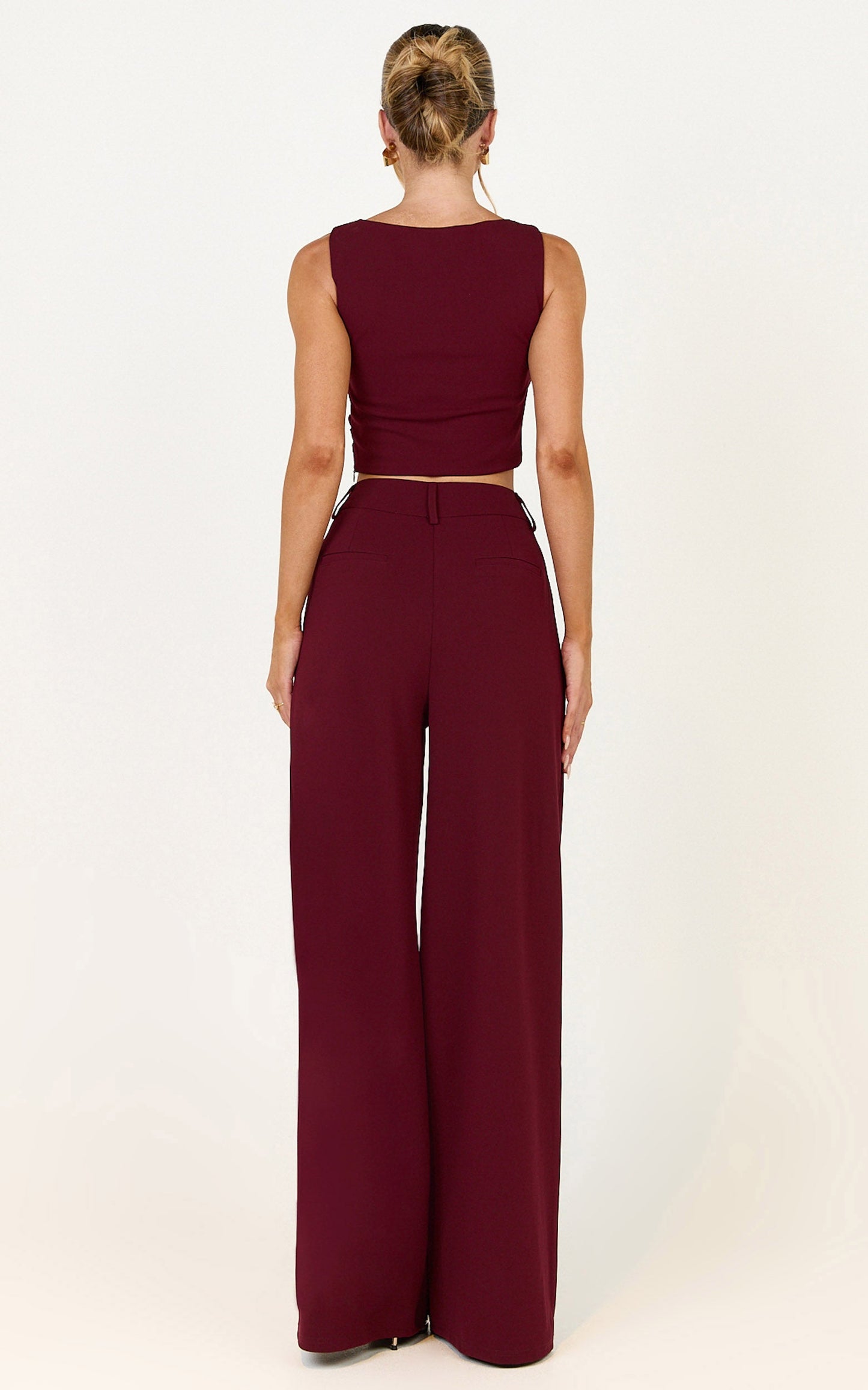 Helen Two Piece Set - Crepe Twisted Top And Wide Leg Pants in Wine