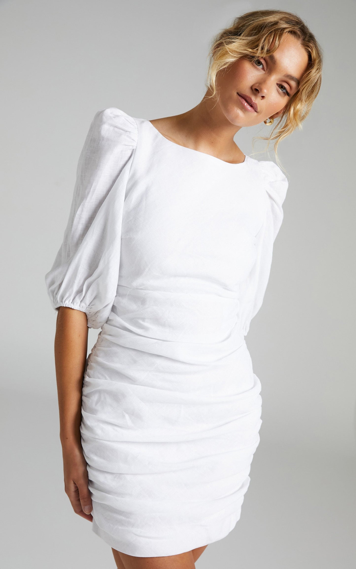 Amalie The Label - Moahlba Linen Ruched Puff Sleeve Open Back Mini Linen Dress in White