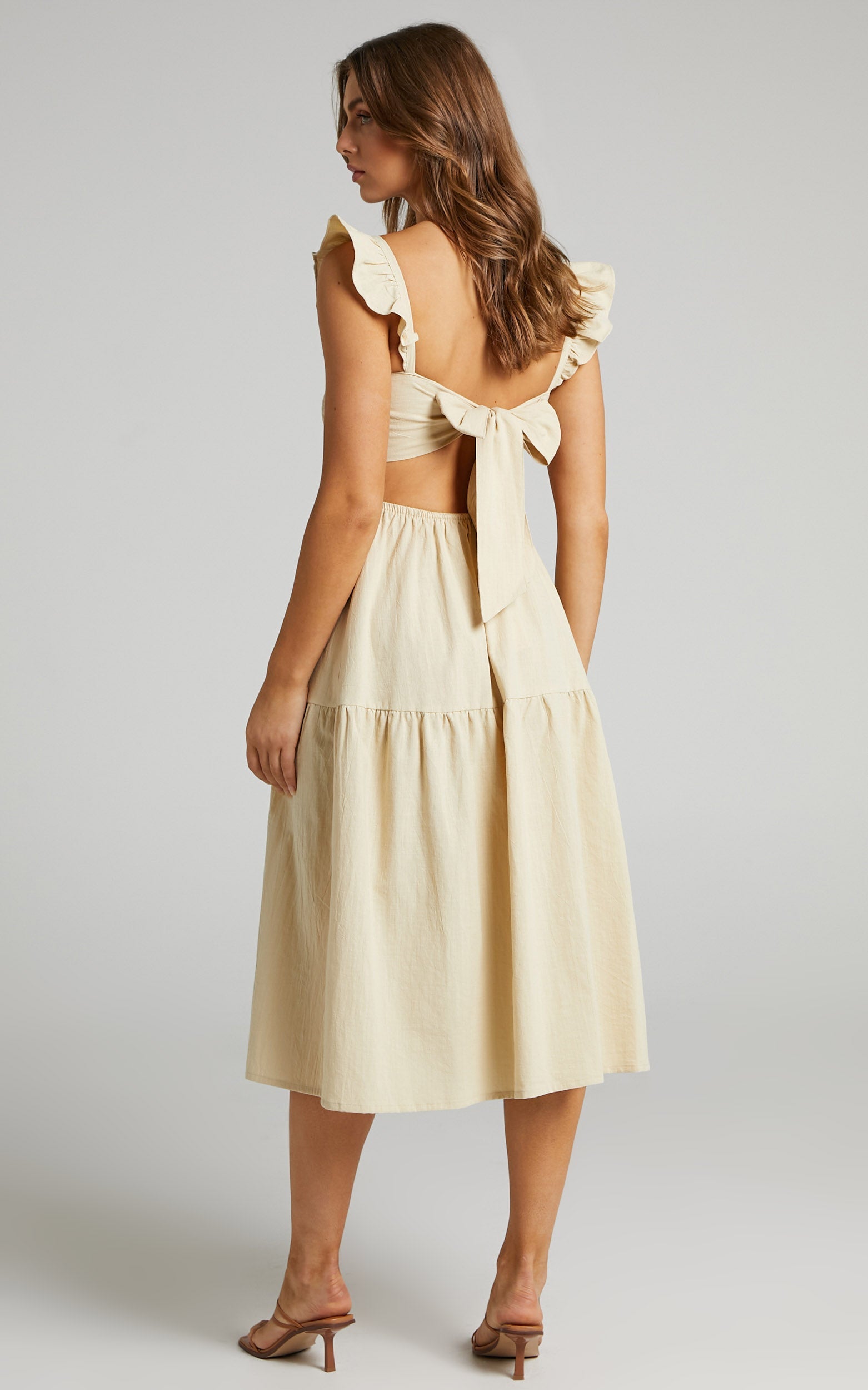 Angela Shirred Bodice Frill Strap Midi Dress in Cream
