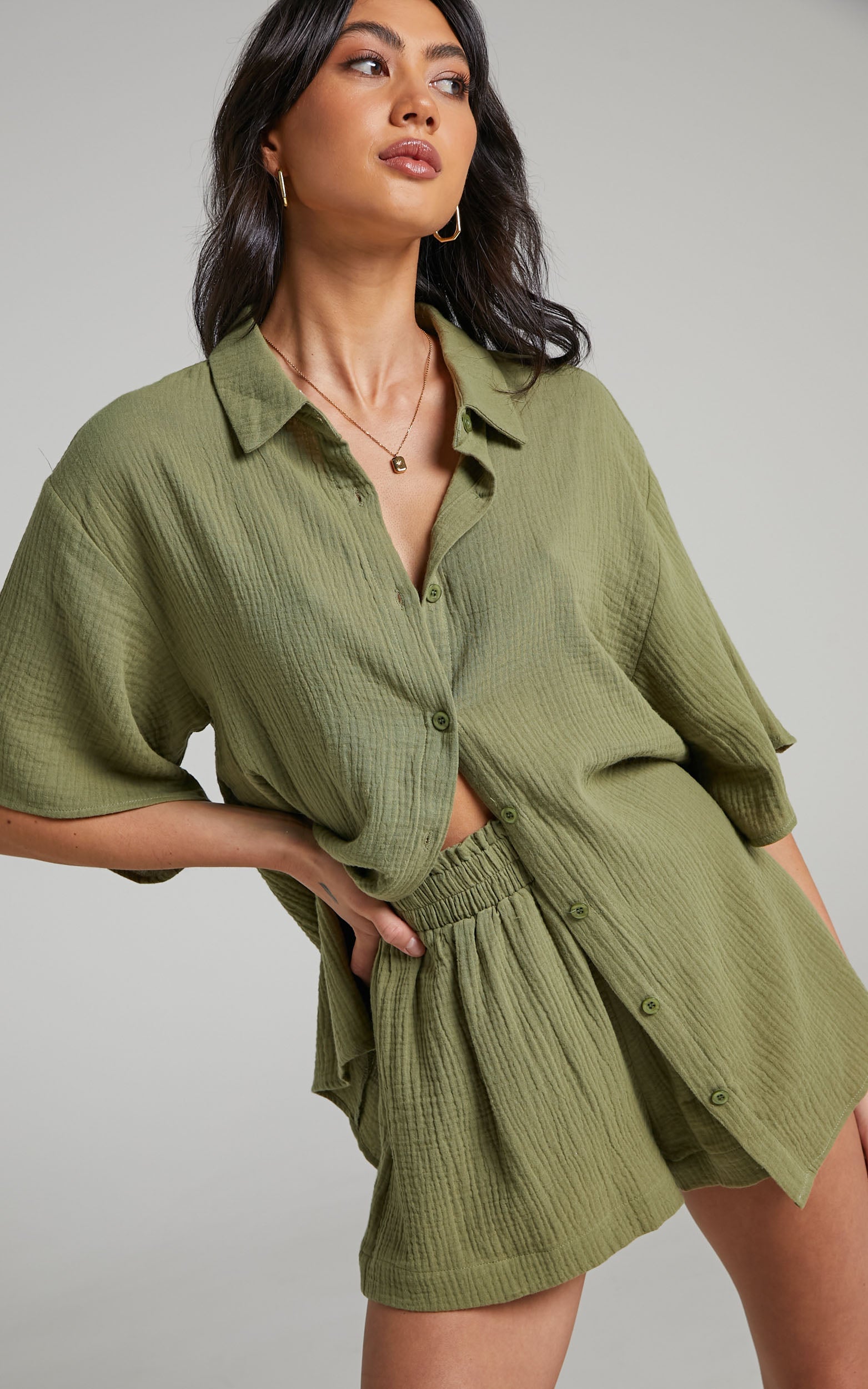 Atom Muslin Shirt - Oversized Button Up Shirt in Khaki
