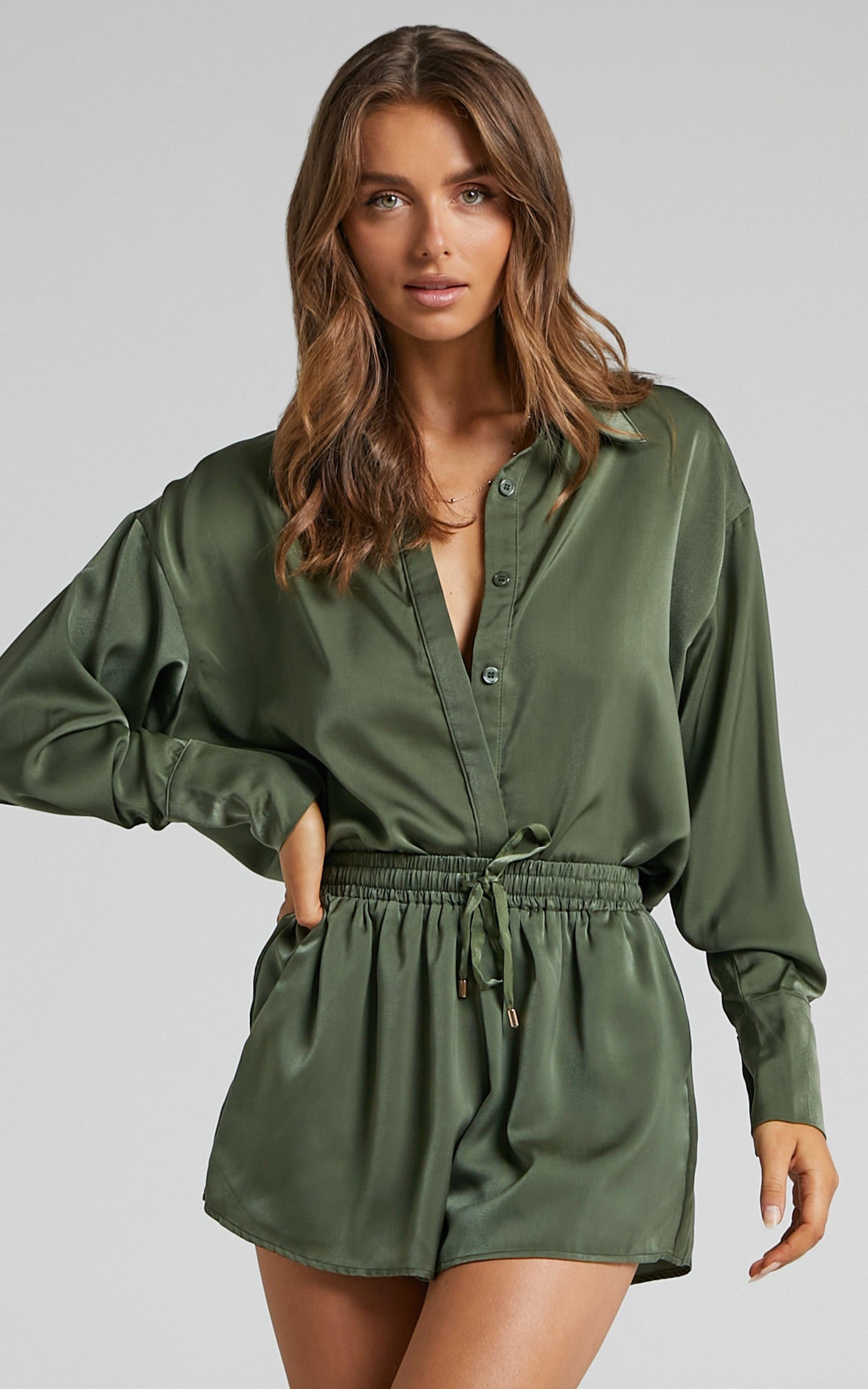 Azurine Shorts - Elastic Waist Satin Shorts in Olive