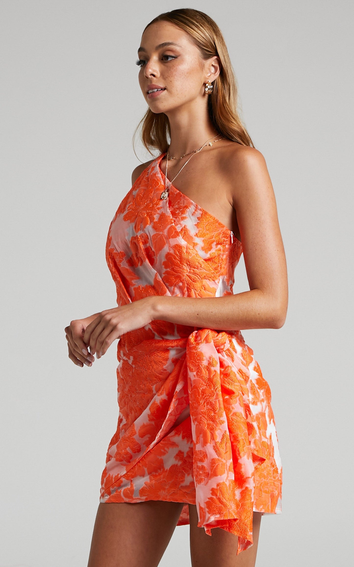 Hailey One Shoulder Mini Dress in Orange Floral