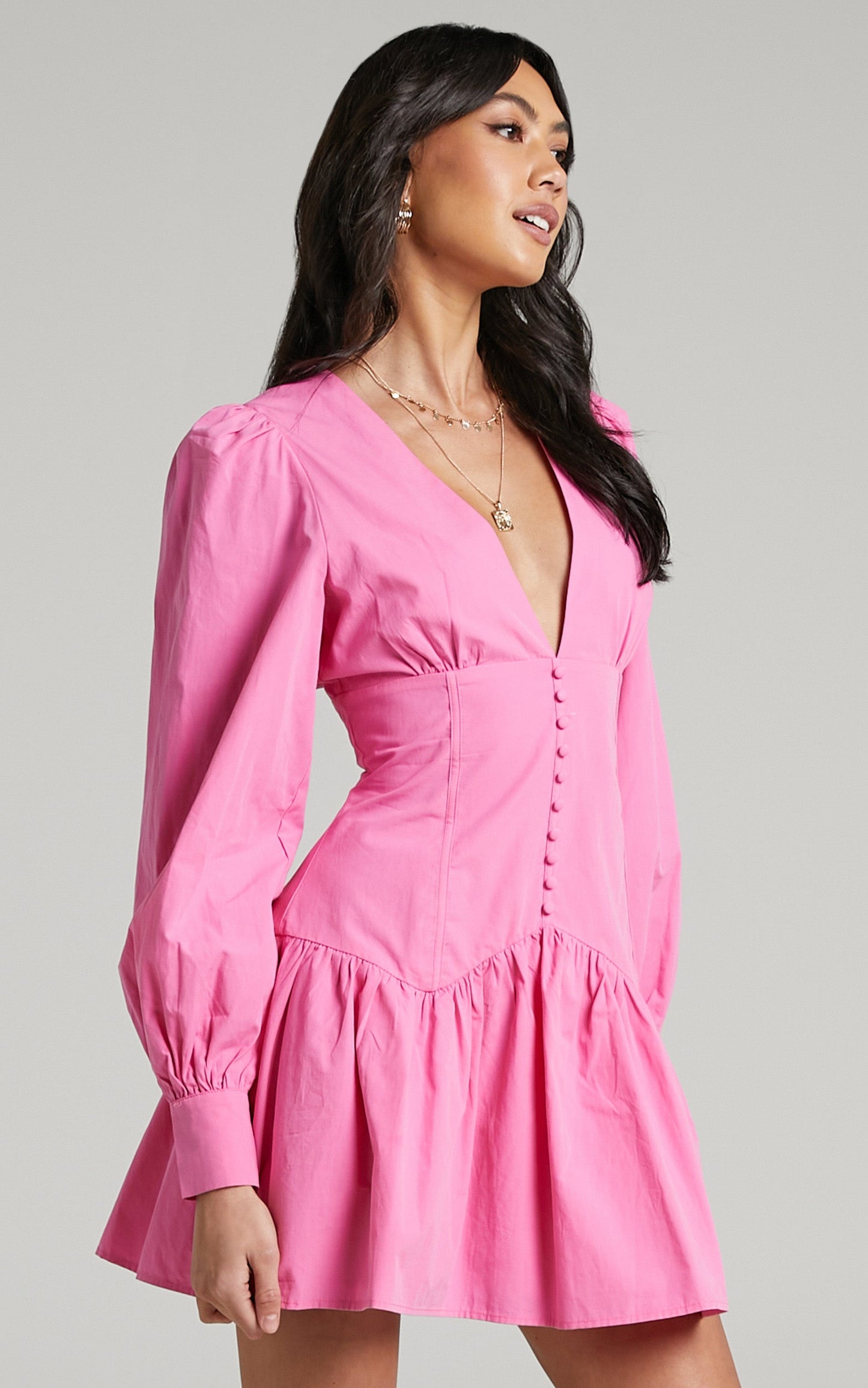 Carlyle Mini Dress - Long Sleeve Corset Dress in Bright Pink