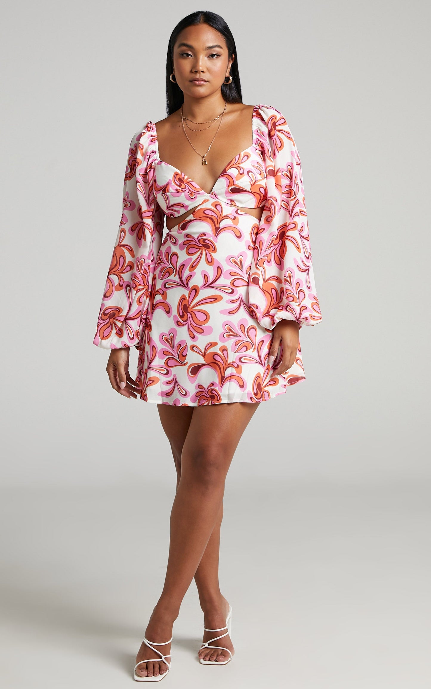 Frederica Tie Back Long Sleeve Mini Dress in Pink Swirl