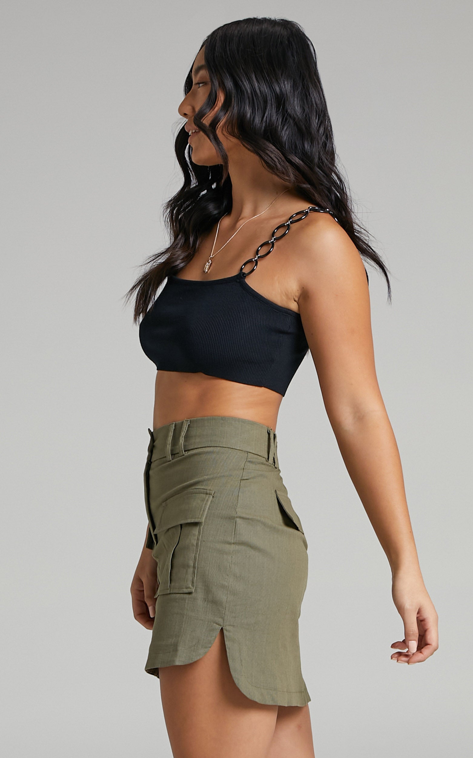 Mizuki Cargo Mini Linen Blend Skirt in Khaki
