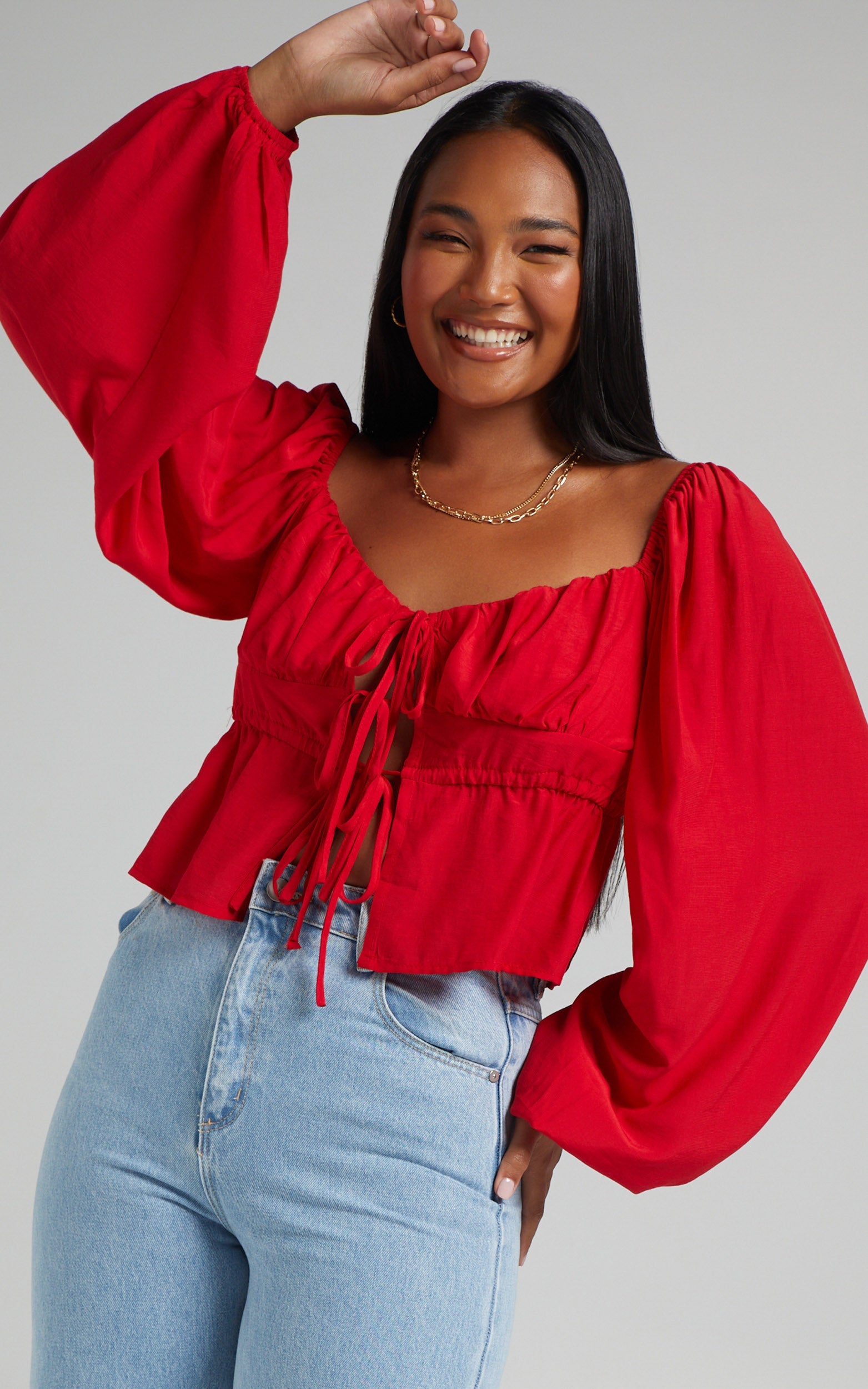 Nadine Top - Long Sleeve Ruched Bust Top in Red