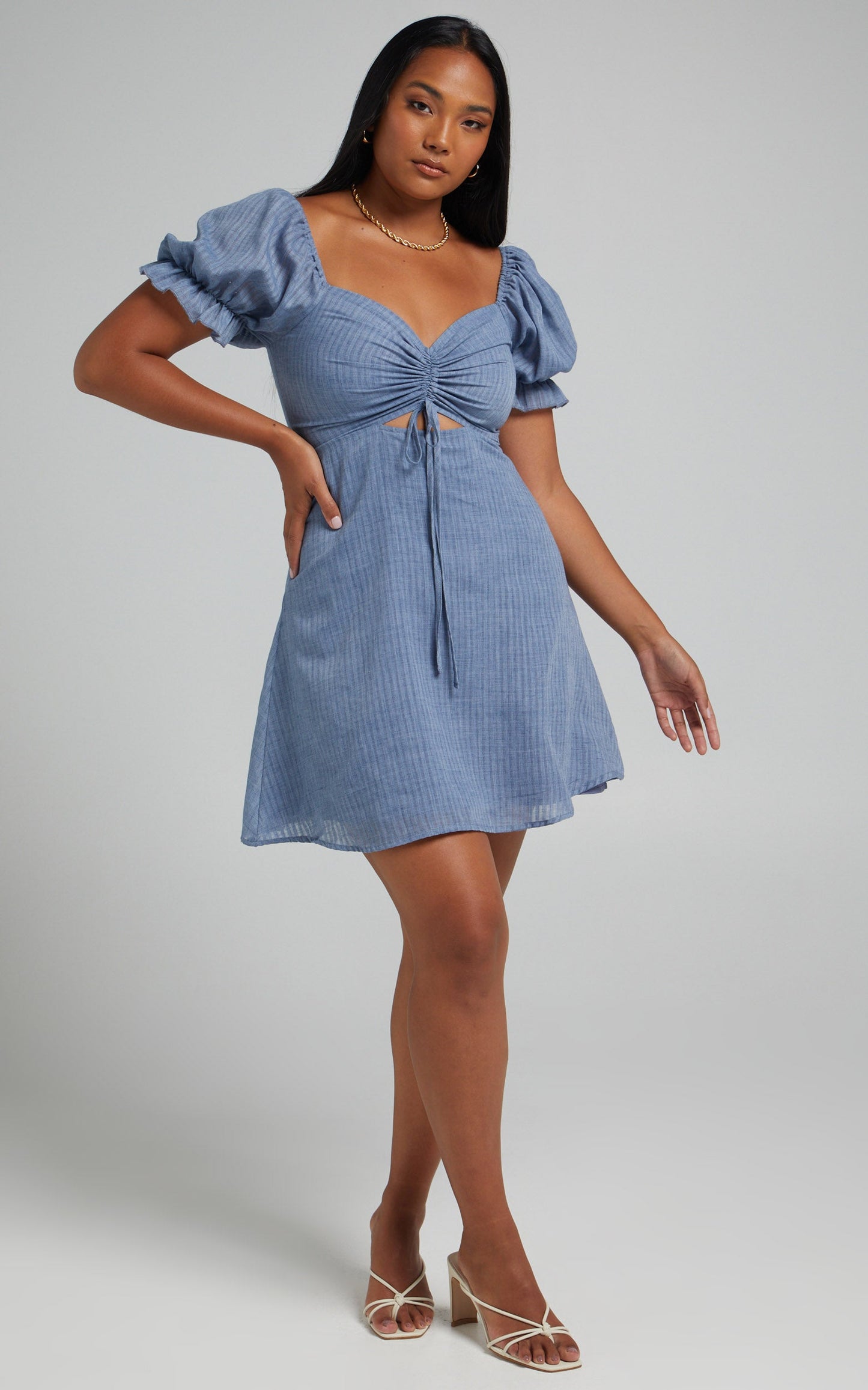 Soft Mention Mini Dress - Puff Sleeve Dress in Navy