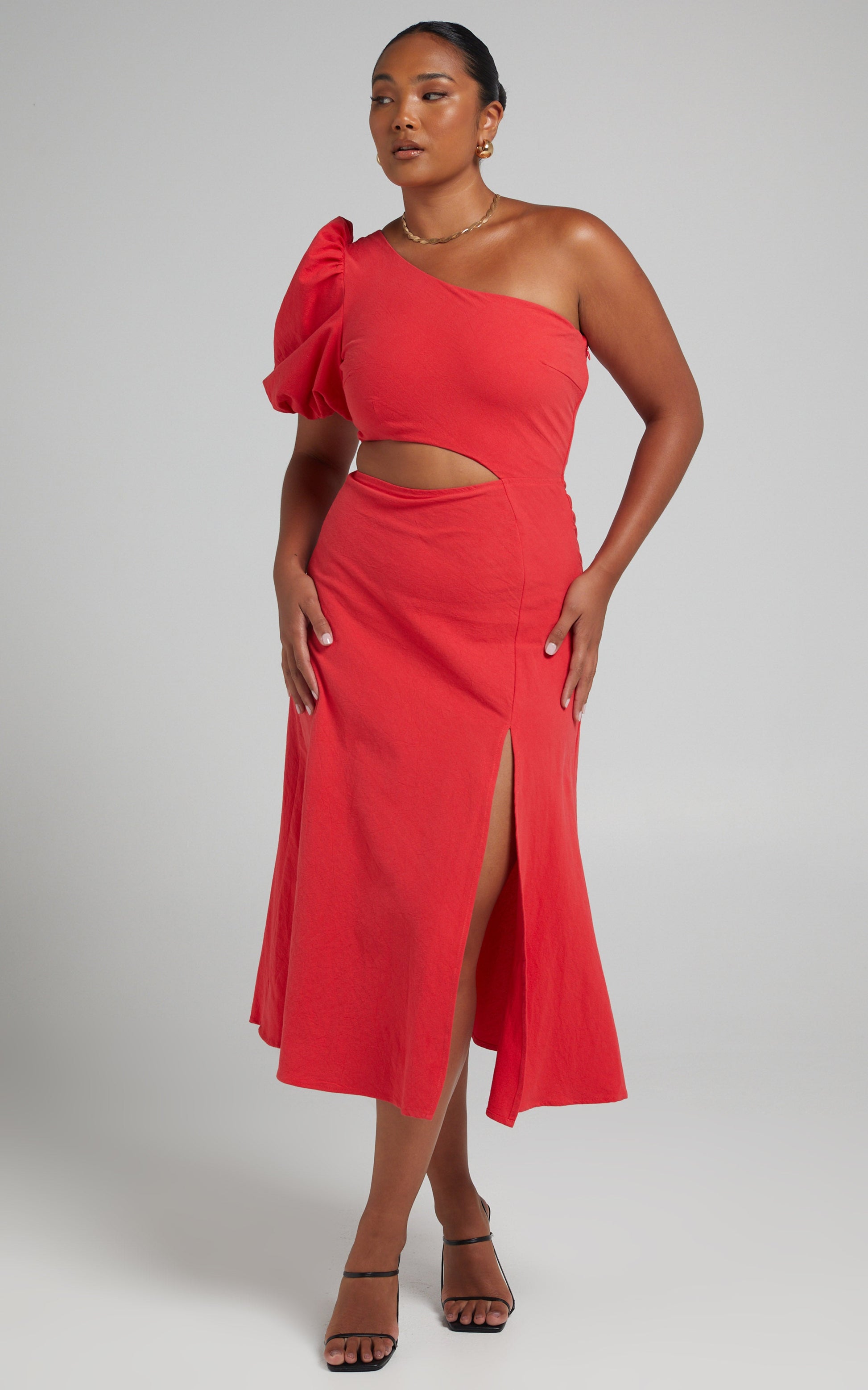 Marcia Midi Dress - One Shoulder Dress with Side Cut Out in Red