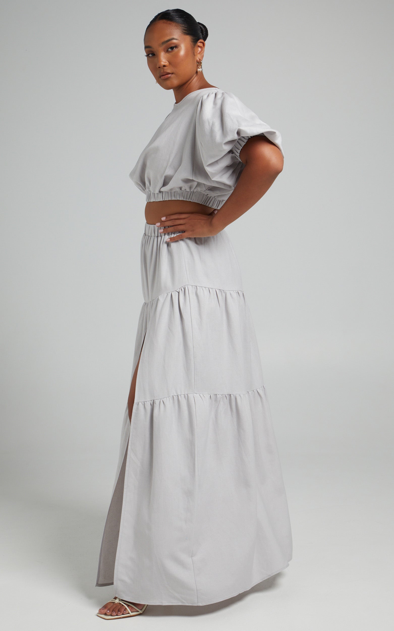 Astrid Two Piece Set - Linen Long Sleeve Top and Thigh Split Midi Skirt Set in Icy Grey