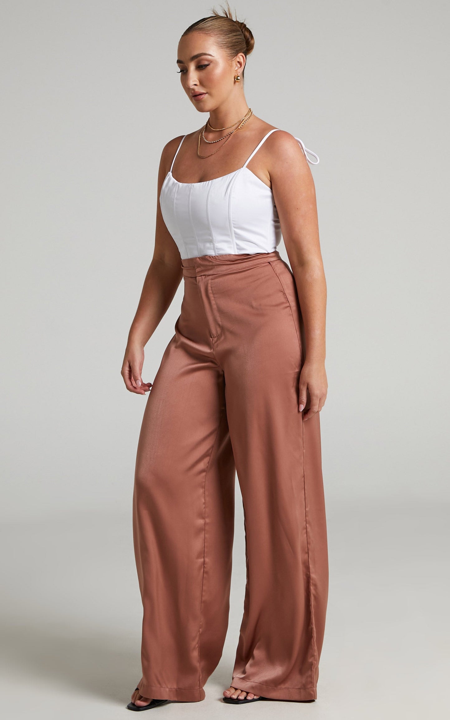 Reika High Waisted Satin Wide Leg Pants in Pink Clay