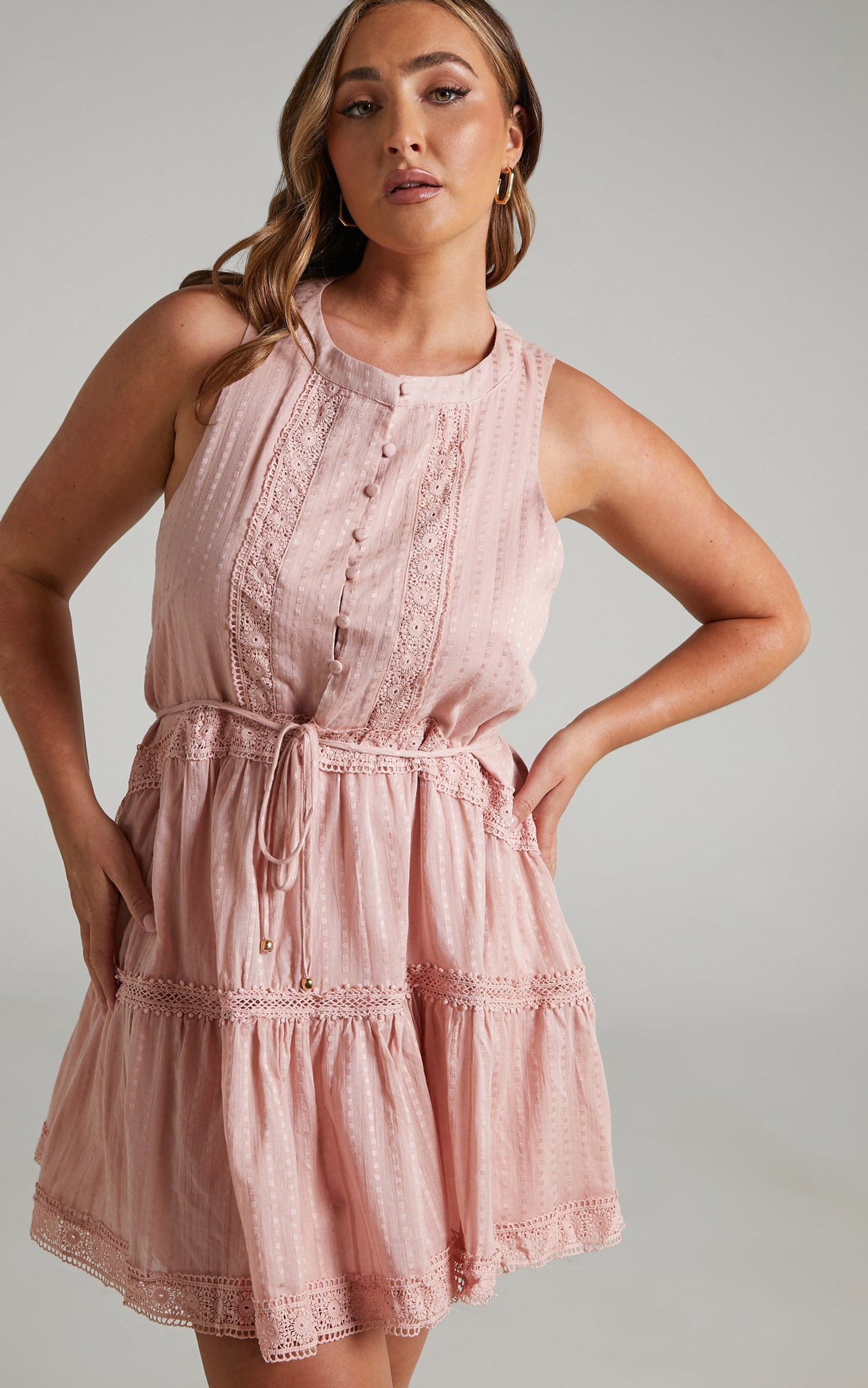 Scotty Mini Dress - Button Up Broderie Dress in Dusty Pink