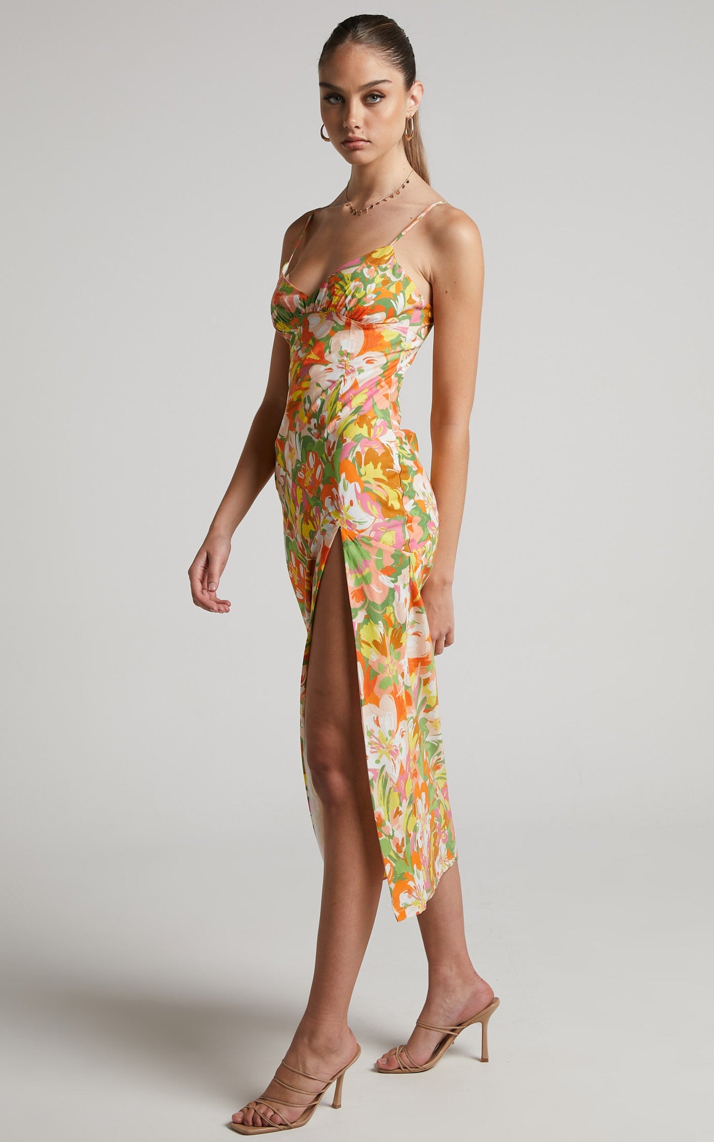 Taurina Bias Cut Split Front Midi Dress in Candid Floral