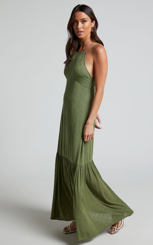 Cariele Midi Linen Blend Dress - Strappy Tiered Dotted Dress in Olive
