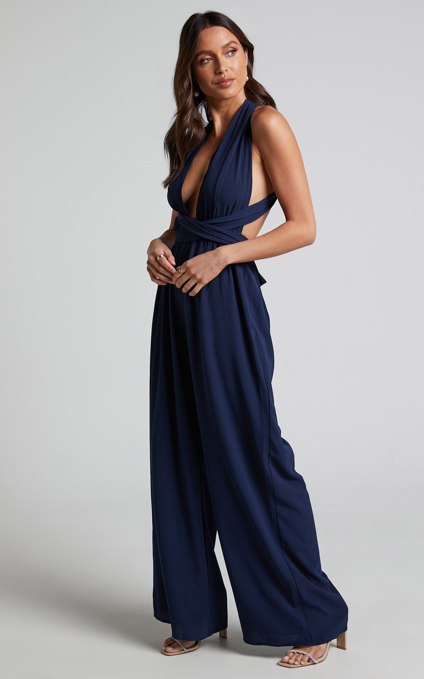 Girls Life Jumpsuit - Plunge Cross Back Tie Jumpsuit in Navy