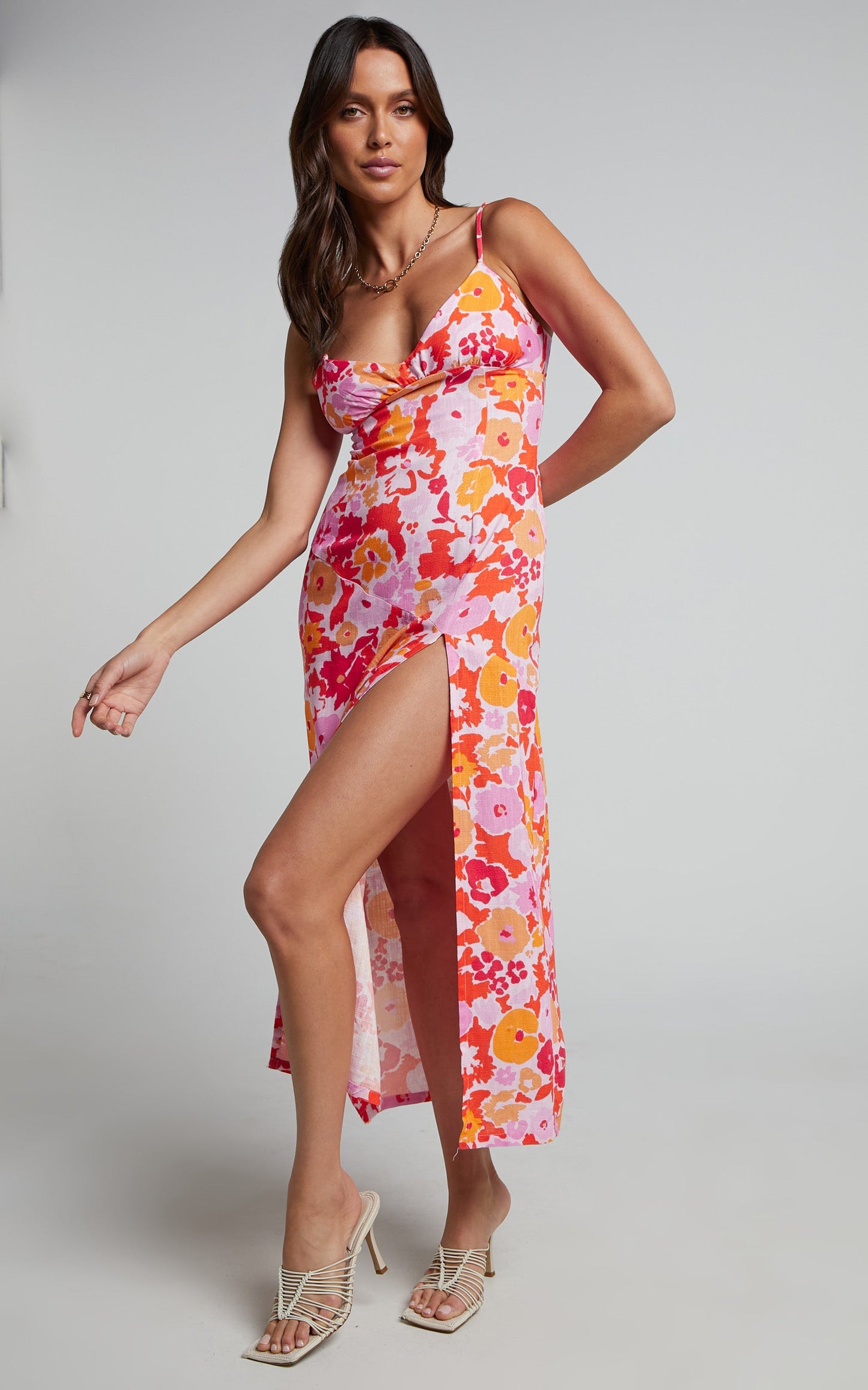 Nikoletta Midi Dress - Linen Bias Cut Split Front Dress in Flower Power