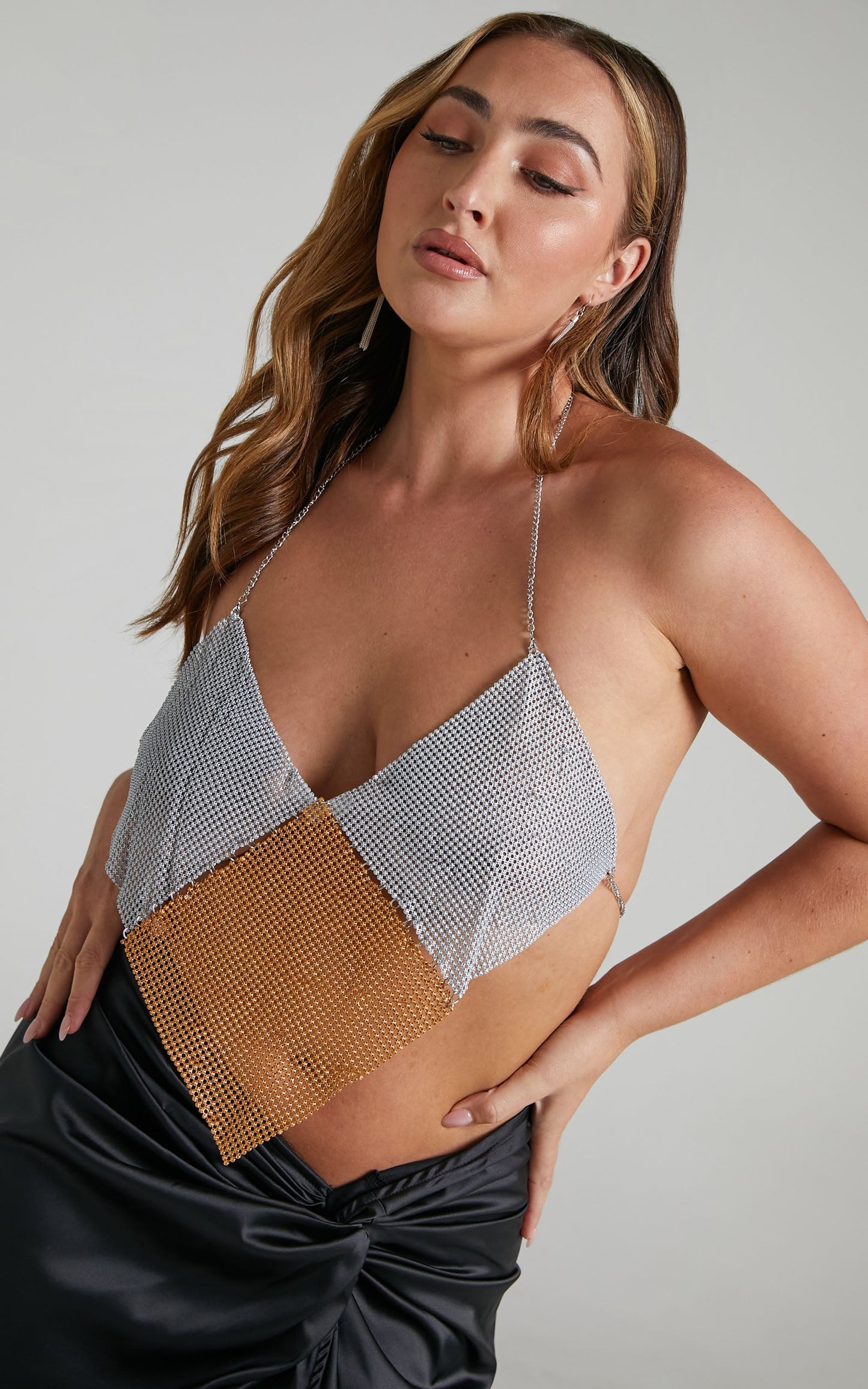 Sasha Top - V Hem Open Back Mesh Halter Crop Top in Silver/Gold