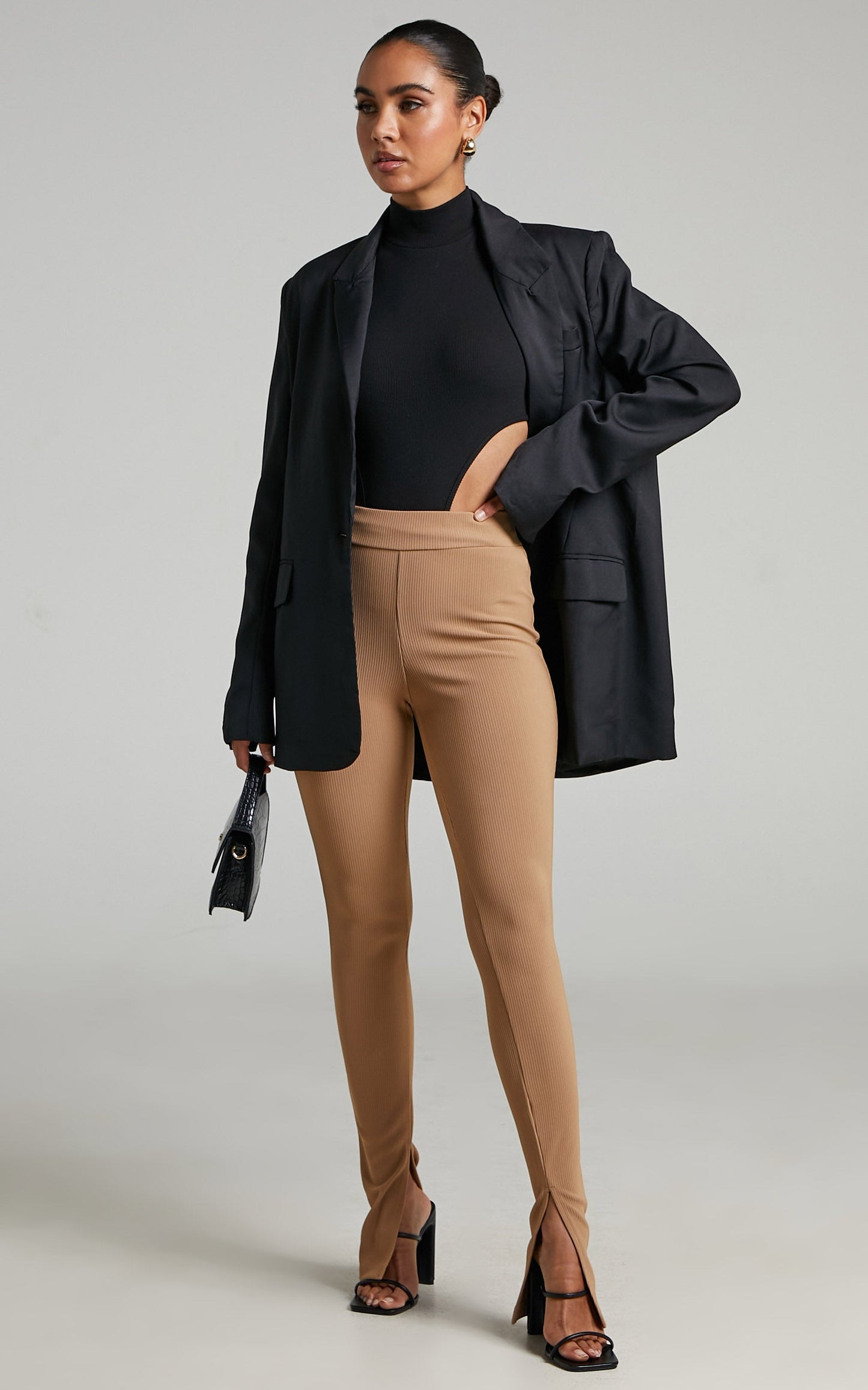 Aspen Pants - High Waisted Split Hem Jersey Pants in Camel