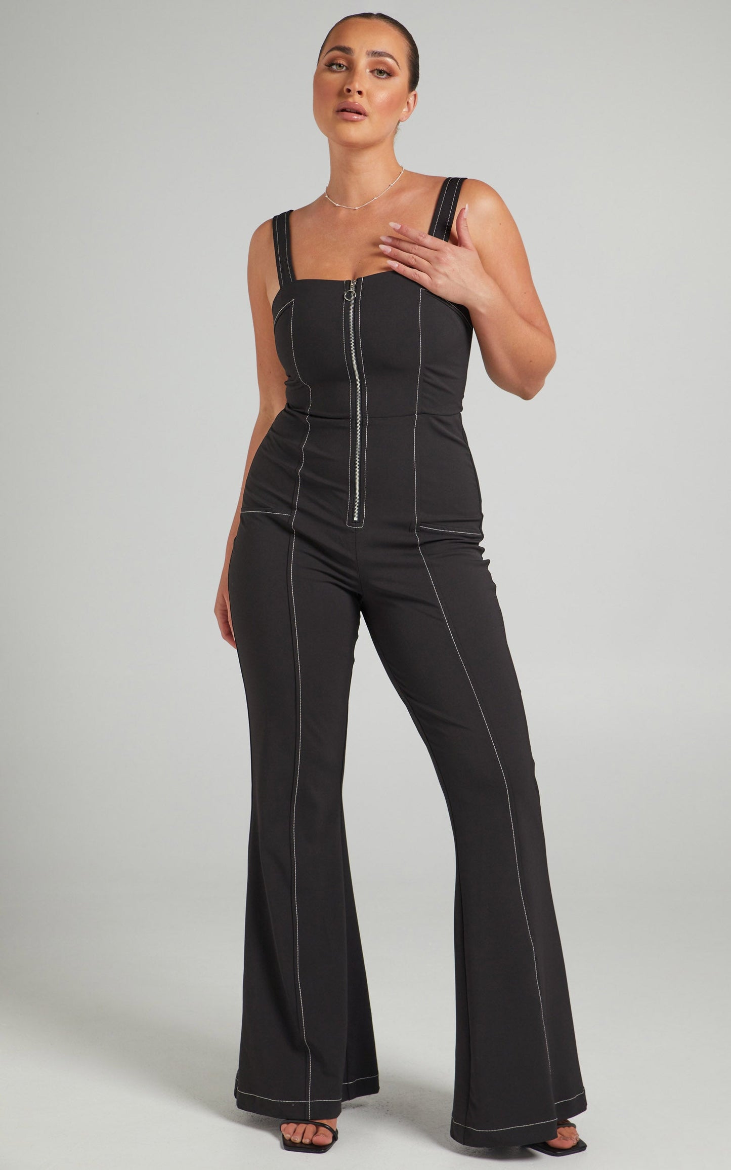 Georgianna Flare Contrast Stitch Detail Jumpsuit in Black