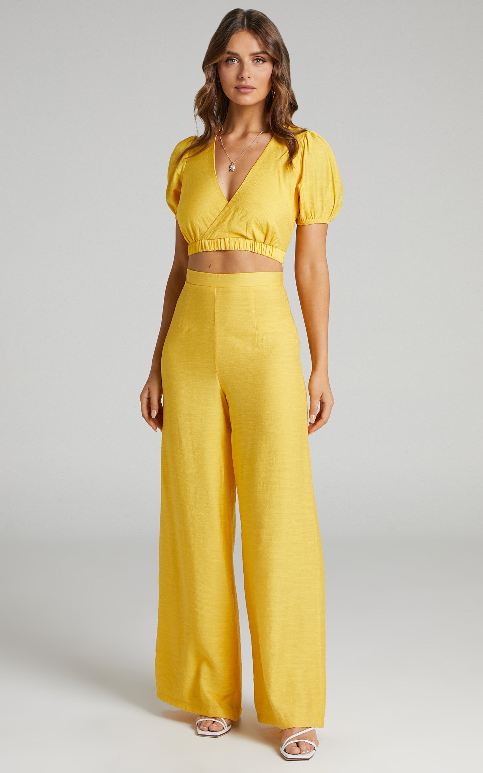 Aurora Cut Out Back Puff Sleeve Crop Linen Blend Top in Sunflower Yellow