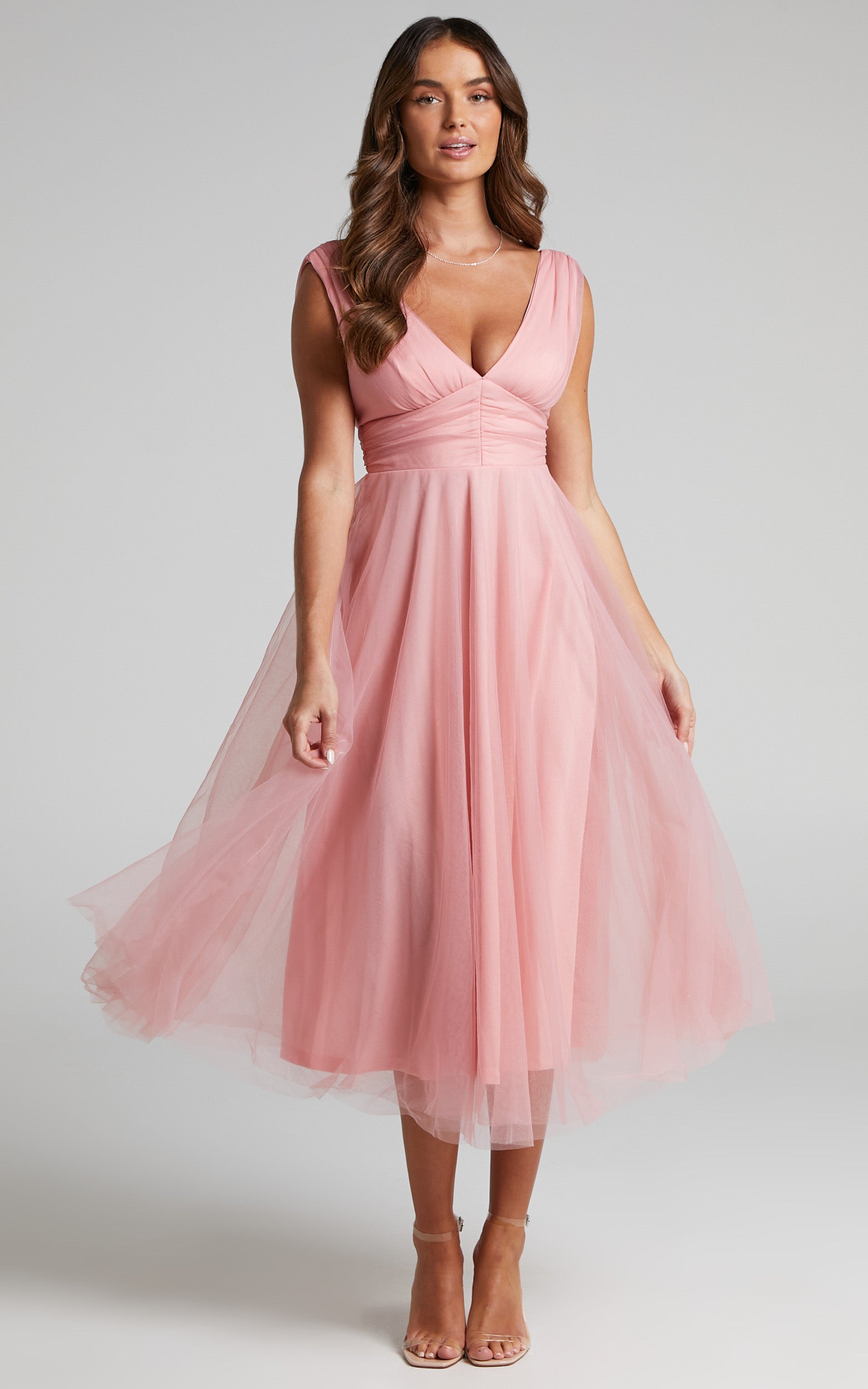 Agatha Midi Dress - Sleeveless V-Neck Organza Dress in Dusty Pink