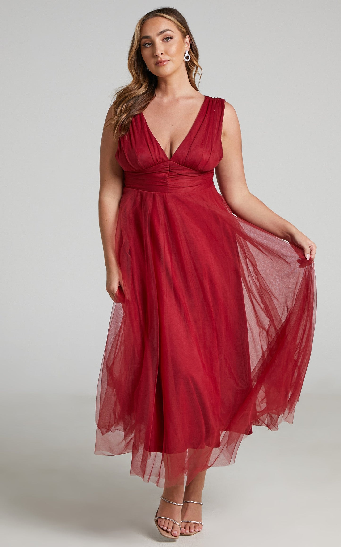 Agatha Midi Dress - Sleeveless V-Neck Organza Dress in Red