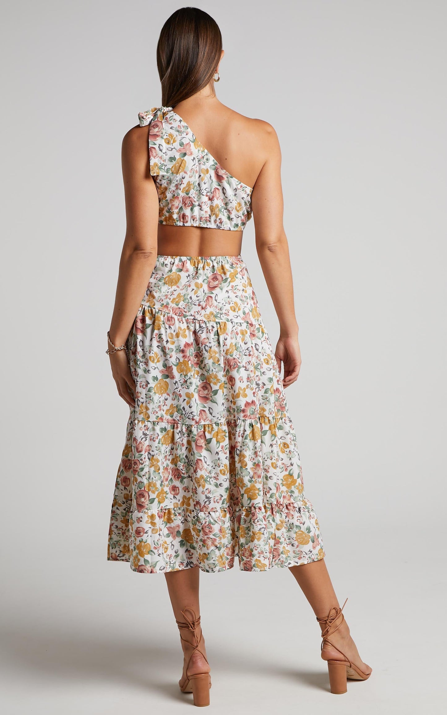 Amabella Midi Linen Blend Dress - Tie One Shoulder Cut Out Dress in Caro Multi Floral
